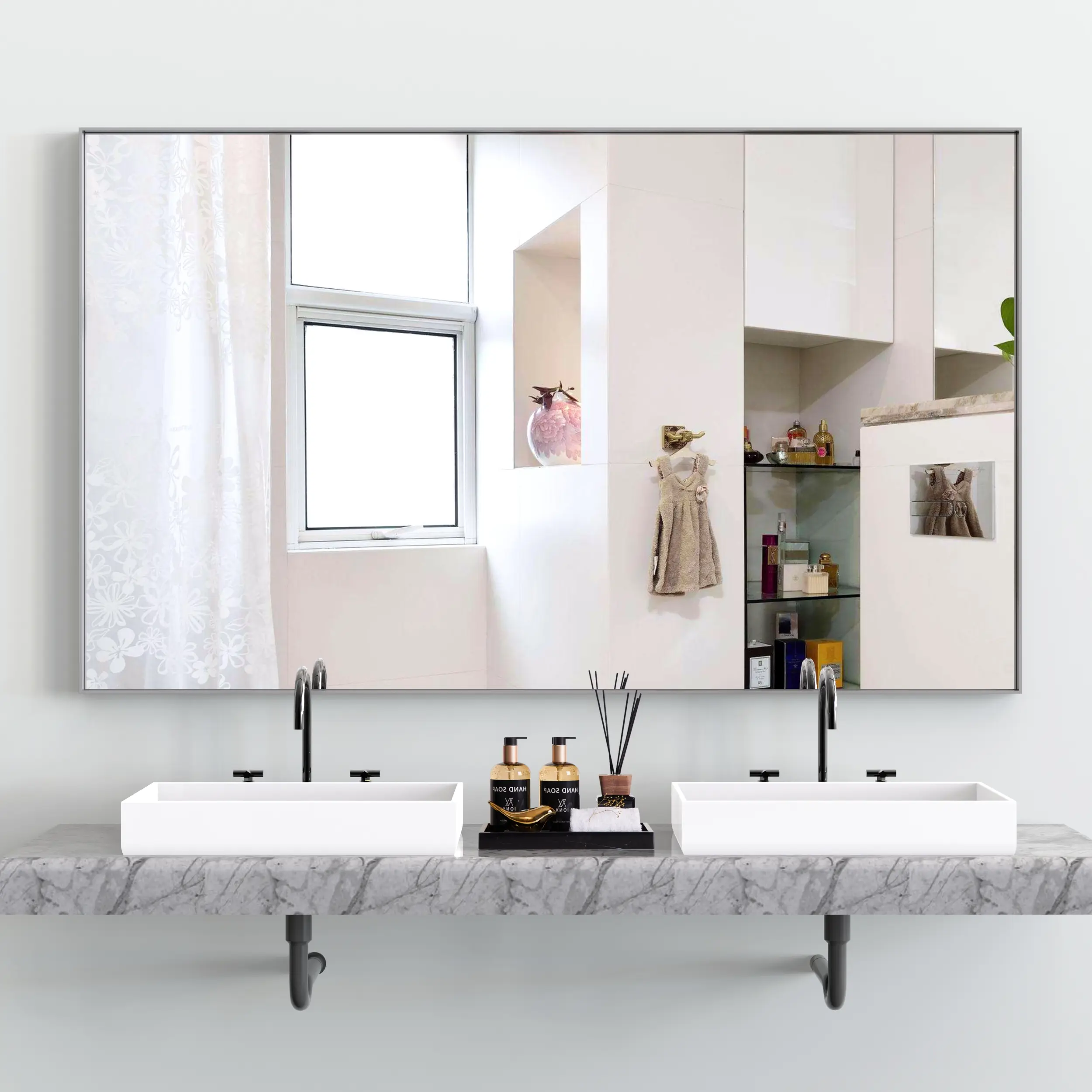 60x36 In Rectangle Bathroom Mirror - Durable Silver Aluminum Frame, Sleek Polished Finish, Vertical-Horizontal Wall Mounted Vanity Glass Mirror for Bathroom Home Supplies