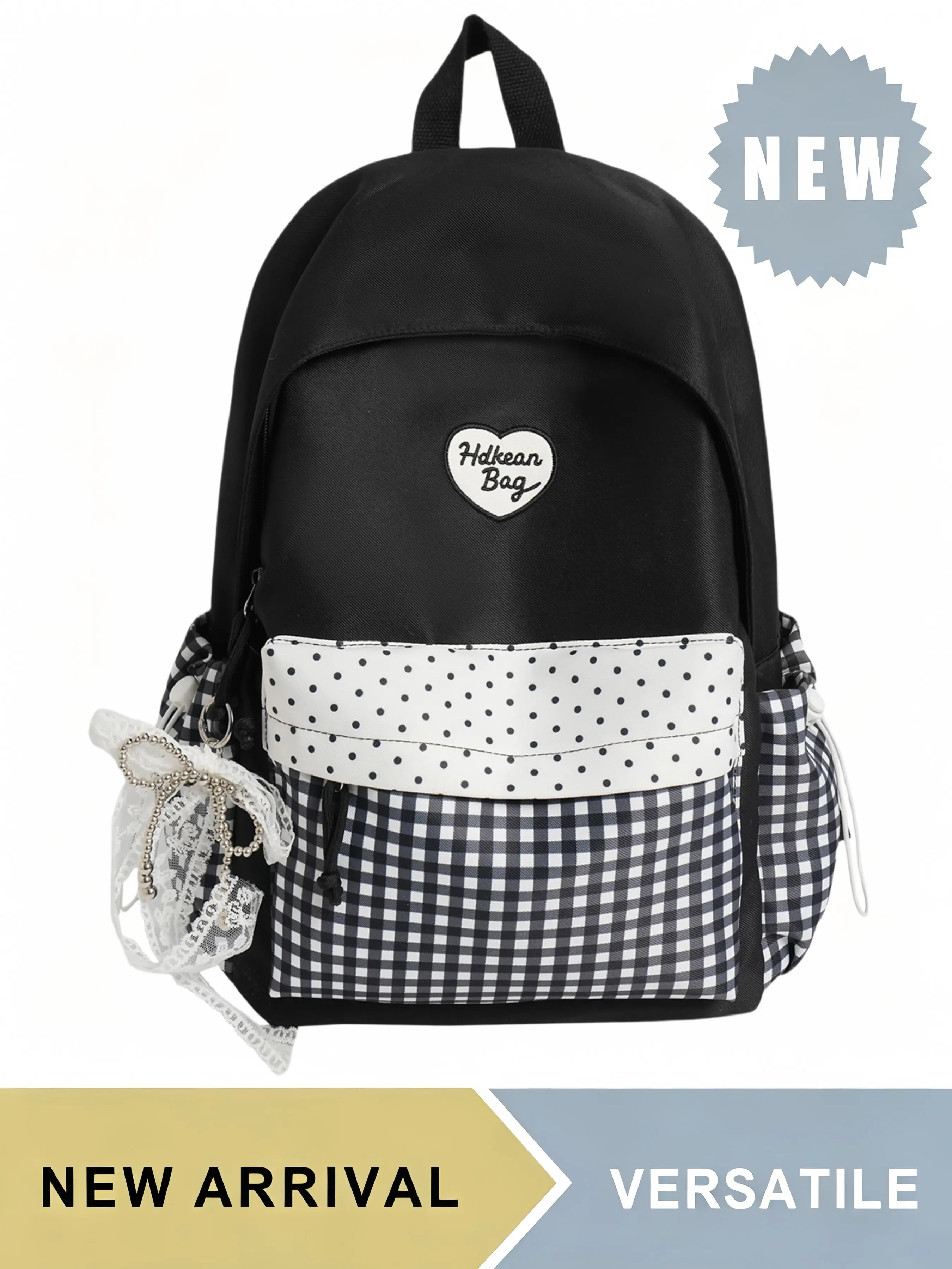 Sweet Gingham Patchwork Heart Embroidered Backpack with Lace Charm, Cute Casual Daypack for Teen Girls Students, Large Capacity School Bookbag with Side Pockets, Multiple Colors Available, Ideal for Daily School Travel Hiking Picnic Outdoor Activities