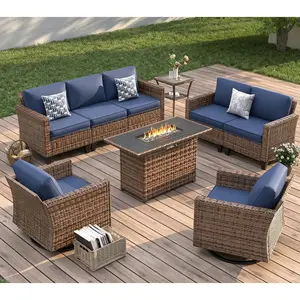 [3/4 packages delivery]UDPATIO Modern Outdoor Wicker Sofa Set, fire pittable Rattan Wicker Outdoor Sectional Set with Rocking Swivel Chairs, PE Rattan Outdoor Sofa Set with Storage Table and Waterproof Covers for Backyard, Deck, Porch Spring Greenish Summ