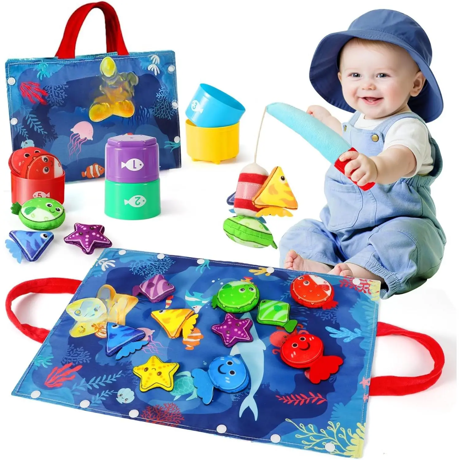 Montessori Toys  1 Year Old Boy Girl Birthday Gift, 17 in 1 Cloth Fishing Game with Stacking Cups, Color Sorting, Shape Matching, Early Learning, Toddler Toys Gifts  1 2 Years Old Boy Girl New model baby travel educational