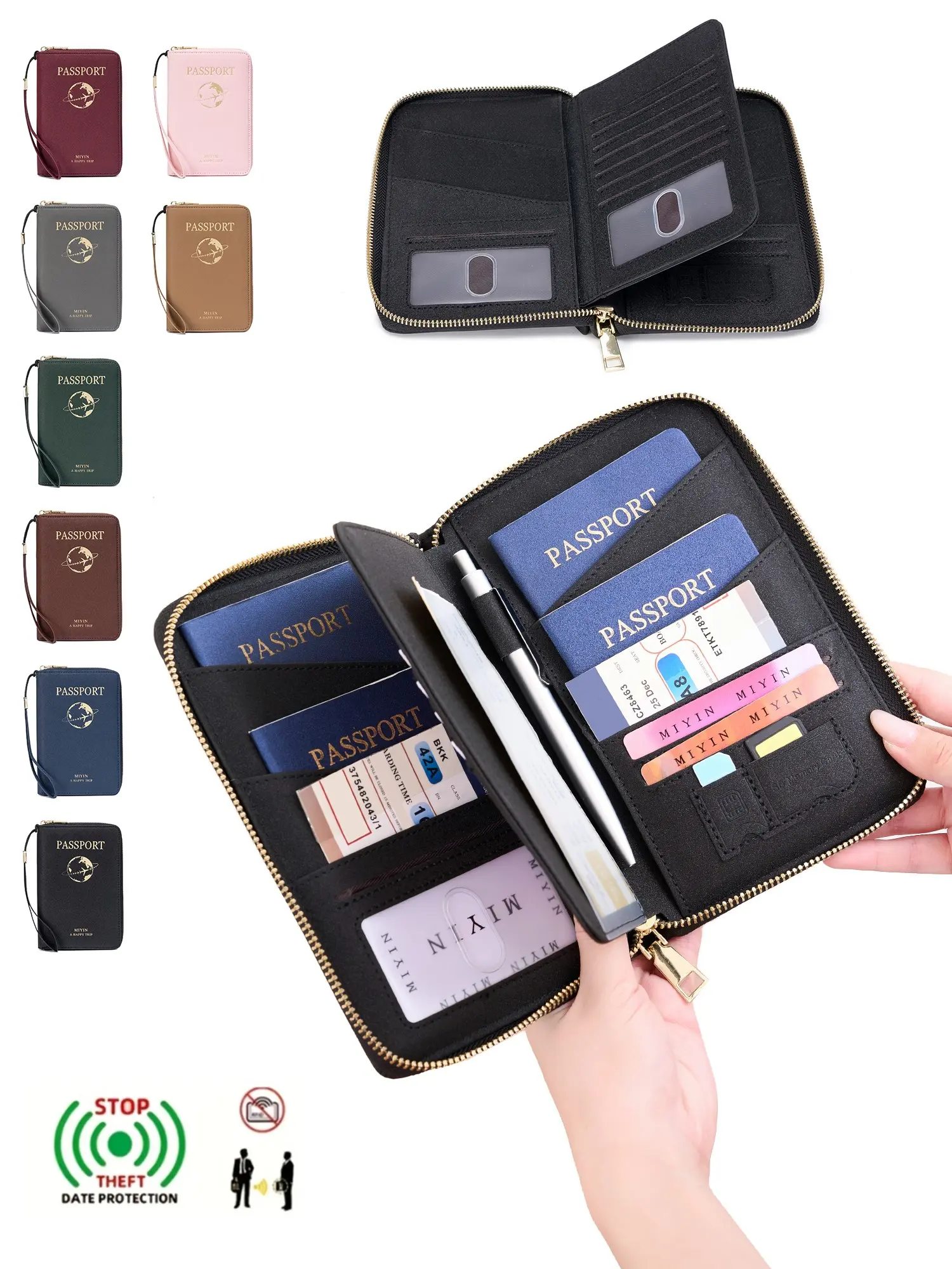 Passport Holder, Passport Cover, Multifunctional Capacity Passport Bag, RFID Anti-Theft Brush, Rfid Theft Proof, Unisex, Multiple Passport Storage, Multiple Card Slots, Ticket Slot, Travel Passport Wallet, Equipped With Wristband, Safe And Portable Design
