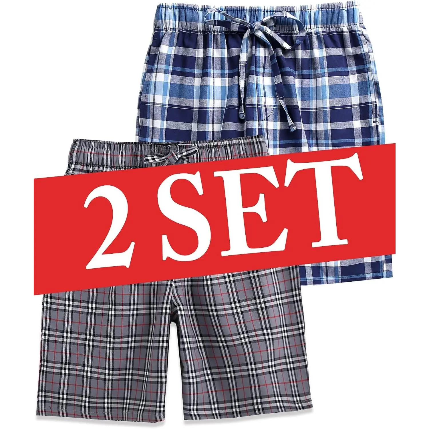 Men’s Cotton Lounge Pajama Pants – 100% Woven Soft Plaid Sleepwear with Pockets, 1/2/3 Pack Long Short Lengths
