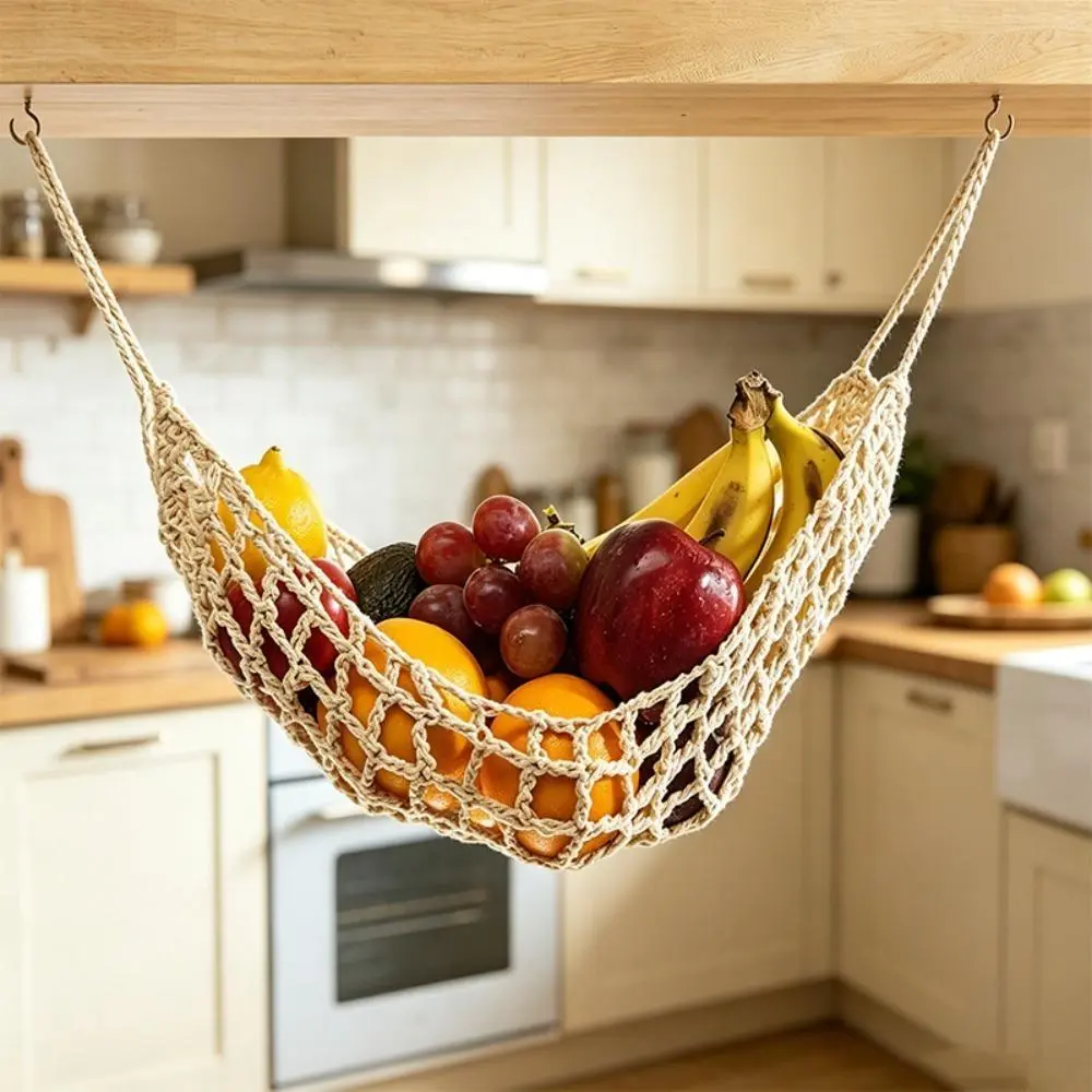 Bohemian Minimalist Hanging Hammock Net Basket, Handwoven Breathable Space-Saver Decor Organiser for Open Kitchens, Lightweight Hangable Produce & Fruit Storage for Food Lovers