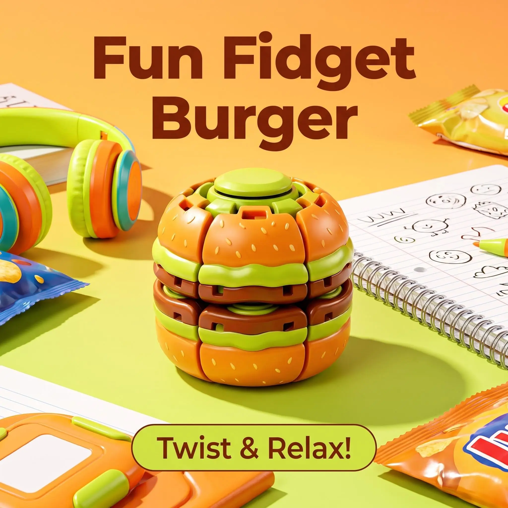 Creative Burger Shape Stress Ball, Stress Relieving Tool, Dual Function Fidget Spinner, Smooth Rotation, Anxiety Relief, Pocket Size, Gift Idea