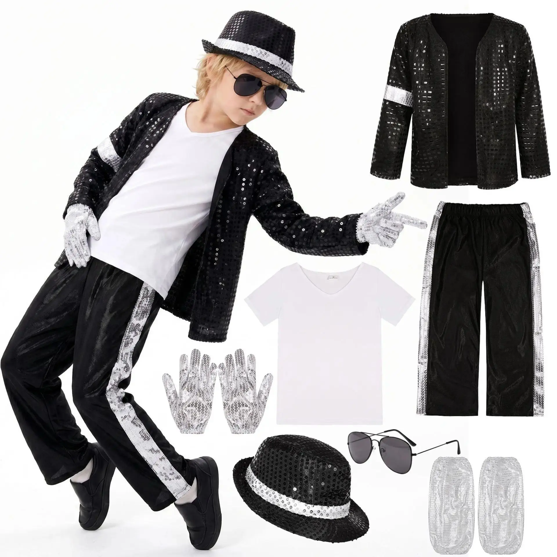 Kids Cosplay Dance Star Costume Set Metallic Shiny 80s 90s Stage Party Outfit Boy Girl Clothing Children Michael Jackson Costume