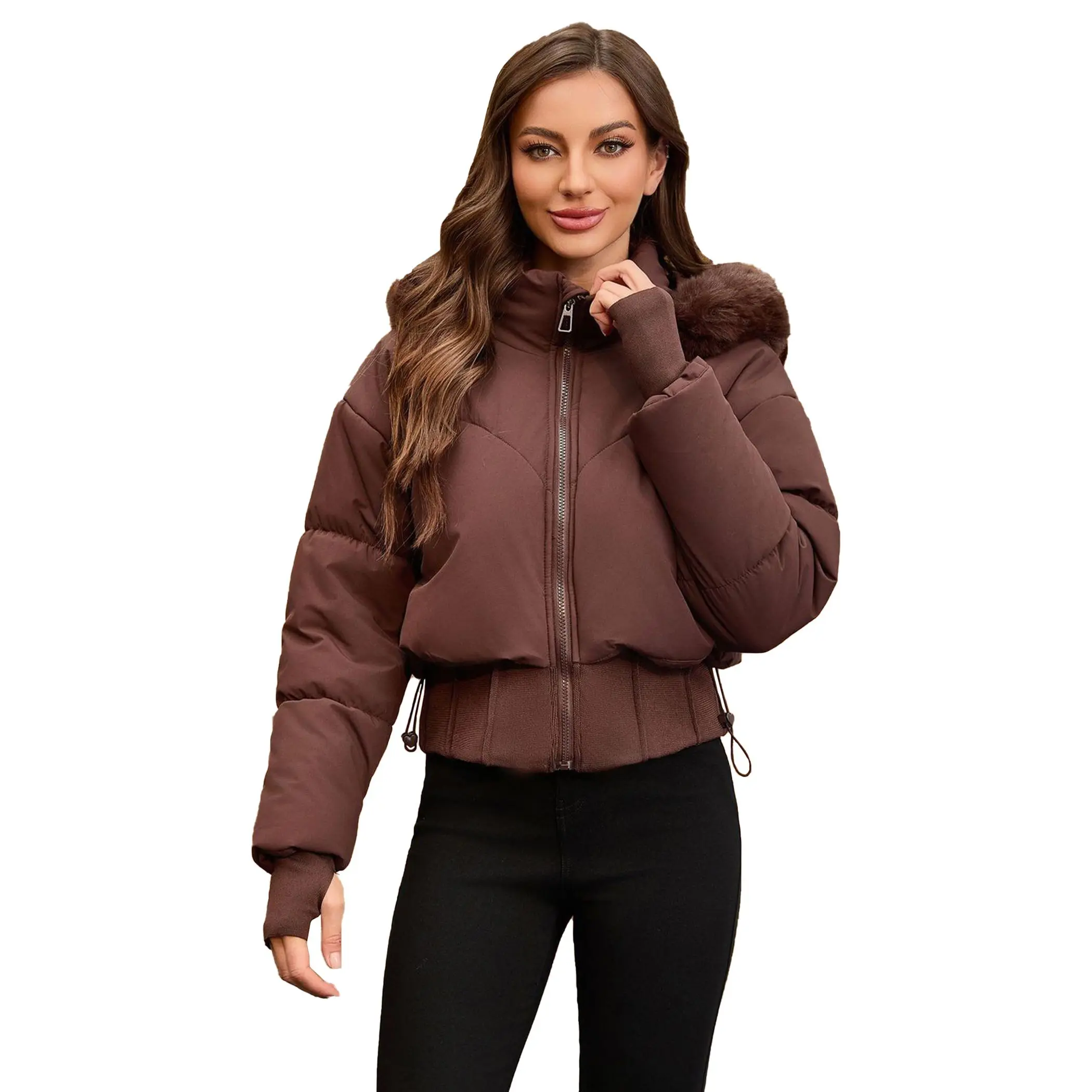 BIGWIG women's long-sleeved autumn and winter short down jacket, with hood for going out, basic parka, jacket, hooded jacket, girls zipper jacket, 2025 fashion new style, long-sleeved puffy jacket, stand-up collar zipper, quilted filling