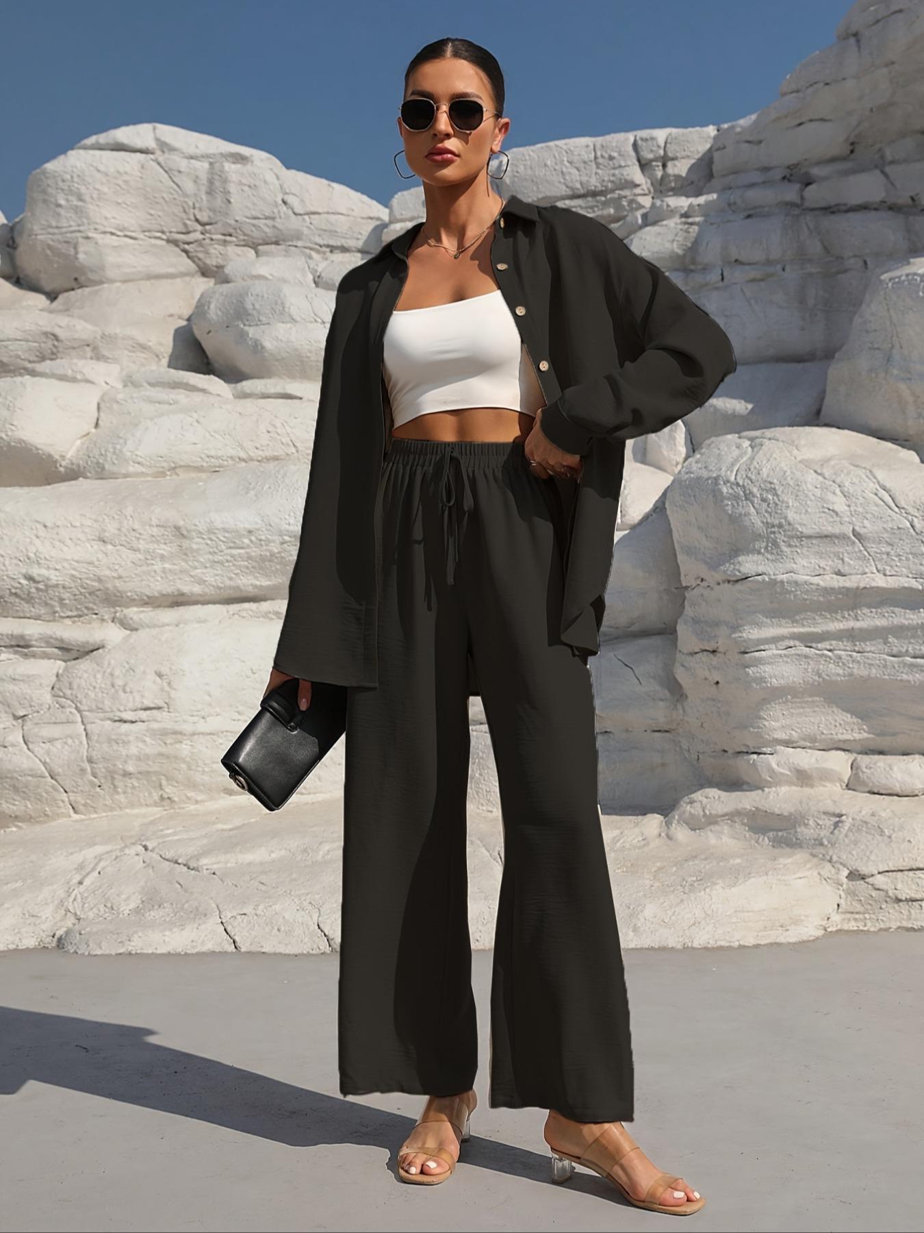 Women's Solid Button Front Shirt & Tie Front Wide Leg Pants Two-piece Set, Casual Drop Shoulder Long Sleeve Top & High Waist Trousers 2 Piece Set for Spring & Fall, Women's Clothes for Daily Wear, Linen Set, Womenswear