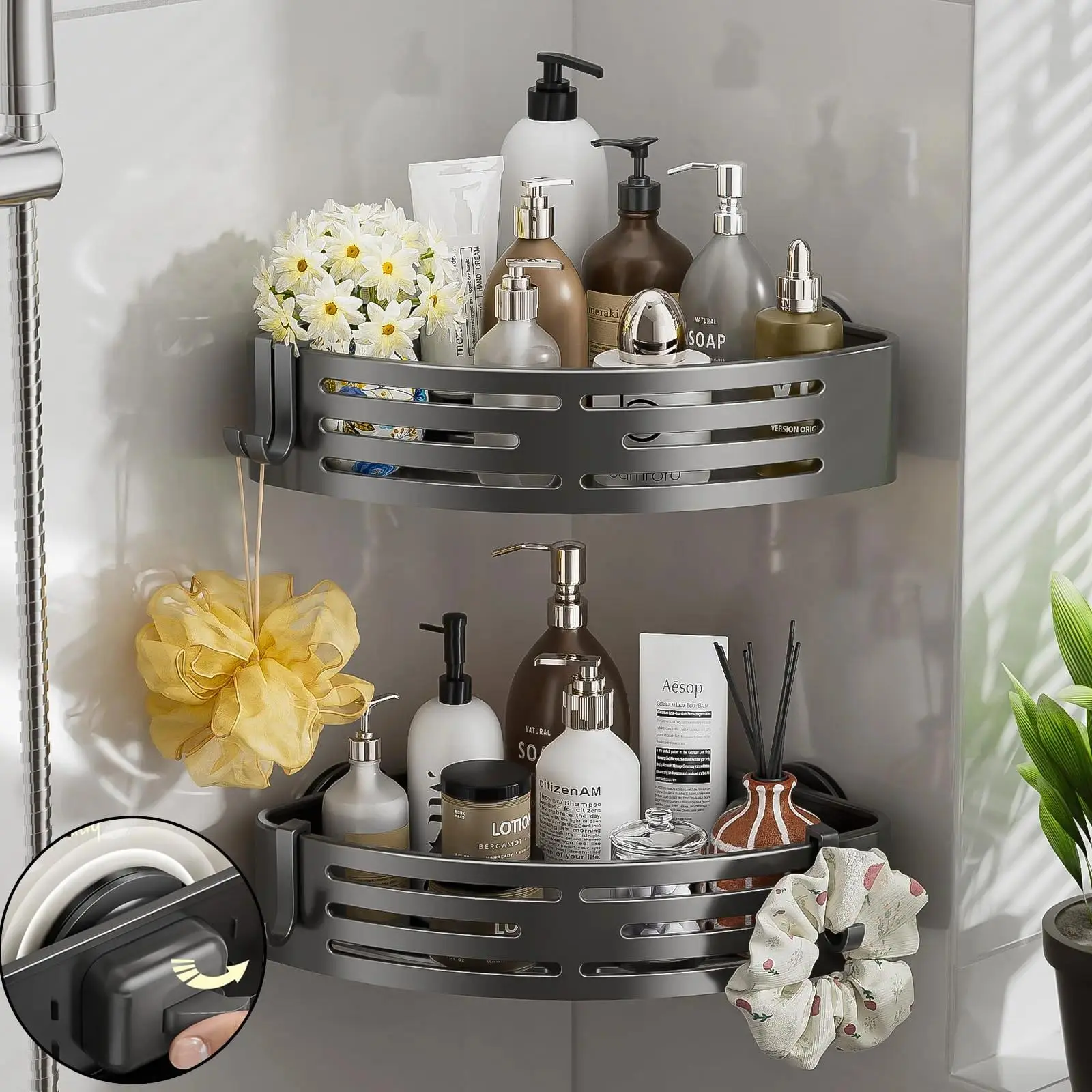 2 Pack Corner Shower Caddy Suction Cup,Shower Shelves with Hooks,No Drilling Powerful Suction Bathroom Organizers and Storage,Removable Waterproof Rustproof Shower Bathroom Accessories Decor