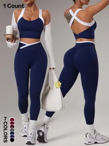 Women's Yoga Sports Set, Spring Summer Style, Color-Blocked Crossback Vest & Waistband Tight-Fit Pants, Ideal for Fitness Training
