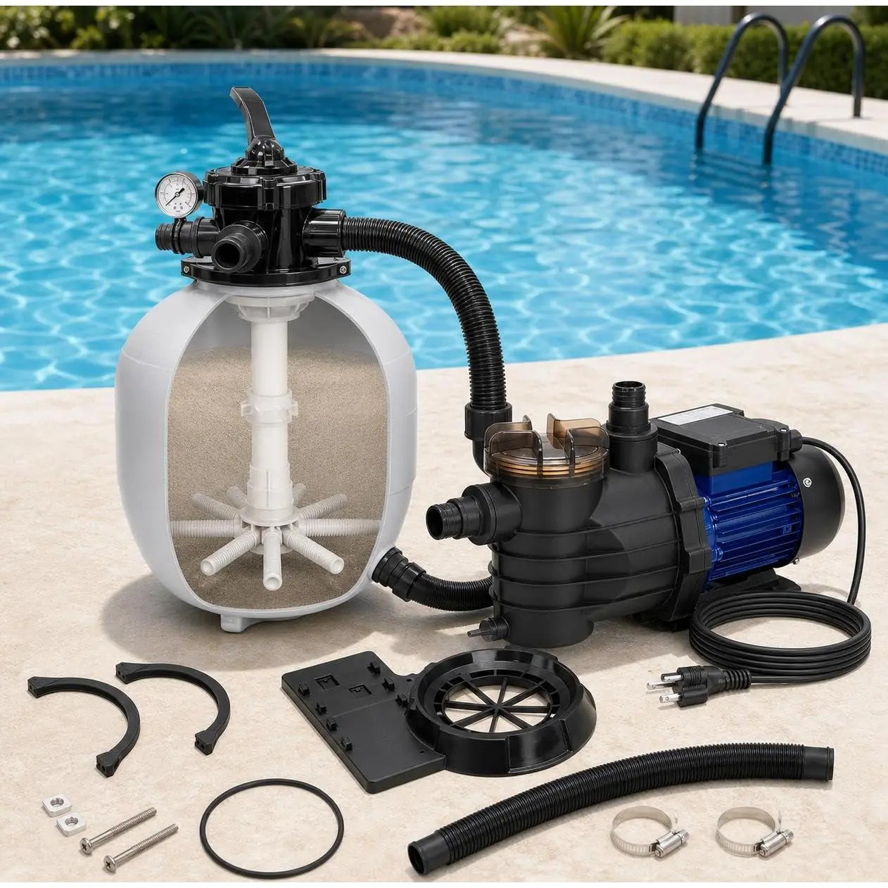 GARVEE 13-Inch High Capacity Sand Filter Pump with 3/4HP Motor, 3434GPH Flow Rate, 6-Way Multi-Port Valve, Strainer Basket, Oversized Design, Includes 800g Filter Ball for Above Ground and Inground Pools up to 8500 Gallons