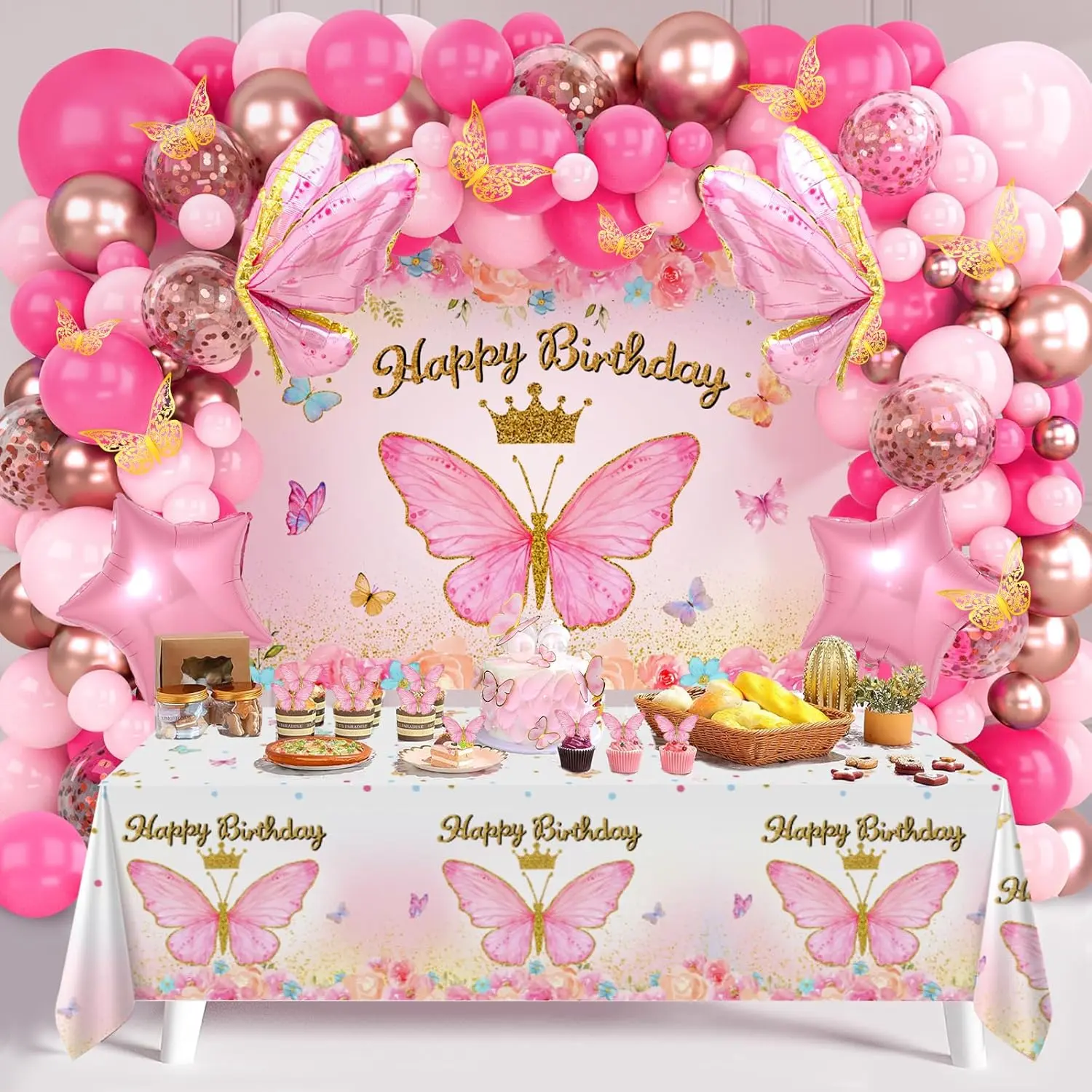 Pink Balloon Arch Set with Foil Balloons, Butterfly Banner, Star Garland, Happy Birthday Backdrop & Tablecloth Decorations for Girl's Party - 106 Supplies, Party Decor, 106 Pieces