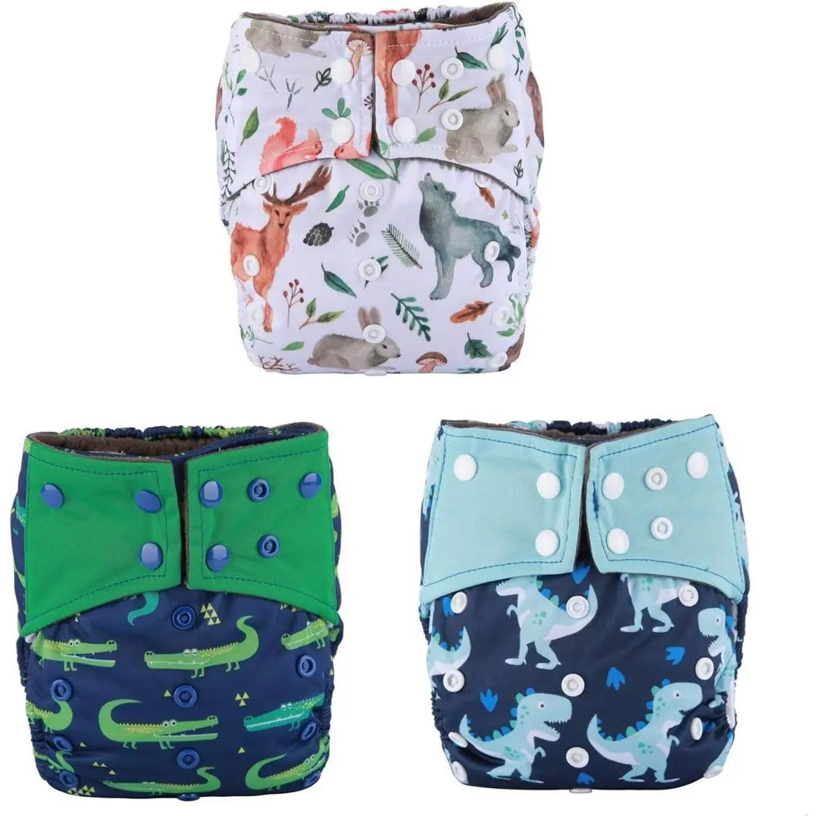 All In One AIO Cloth Diapers Nappies For Night With Sewn In Insert Reusable Washable Dinosaur Pack