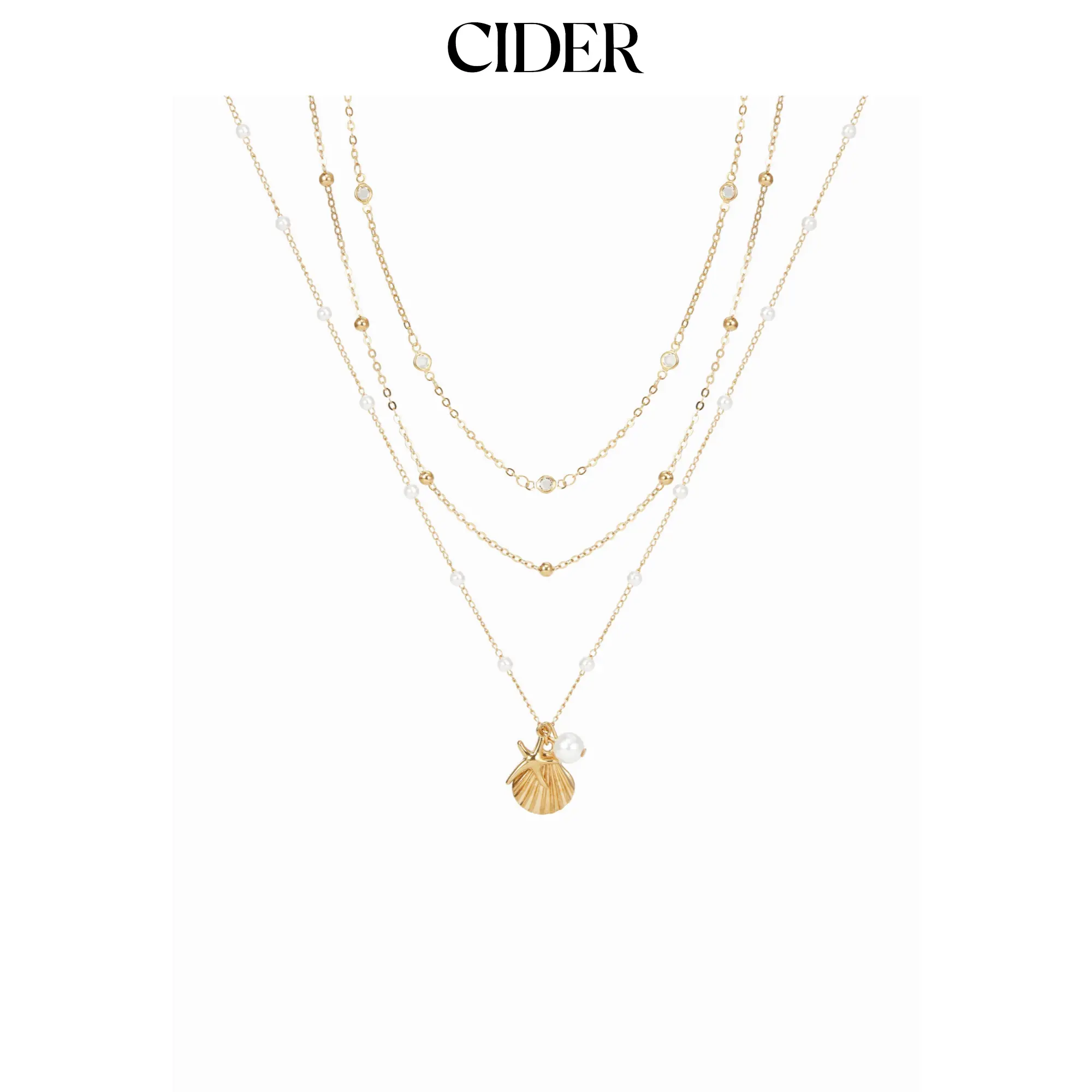 Cider SHELL & STARFISH & FAUX PEARL LAYERED  NECKLACE