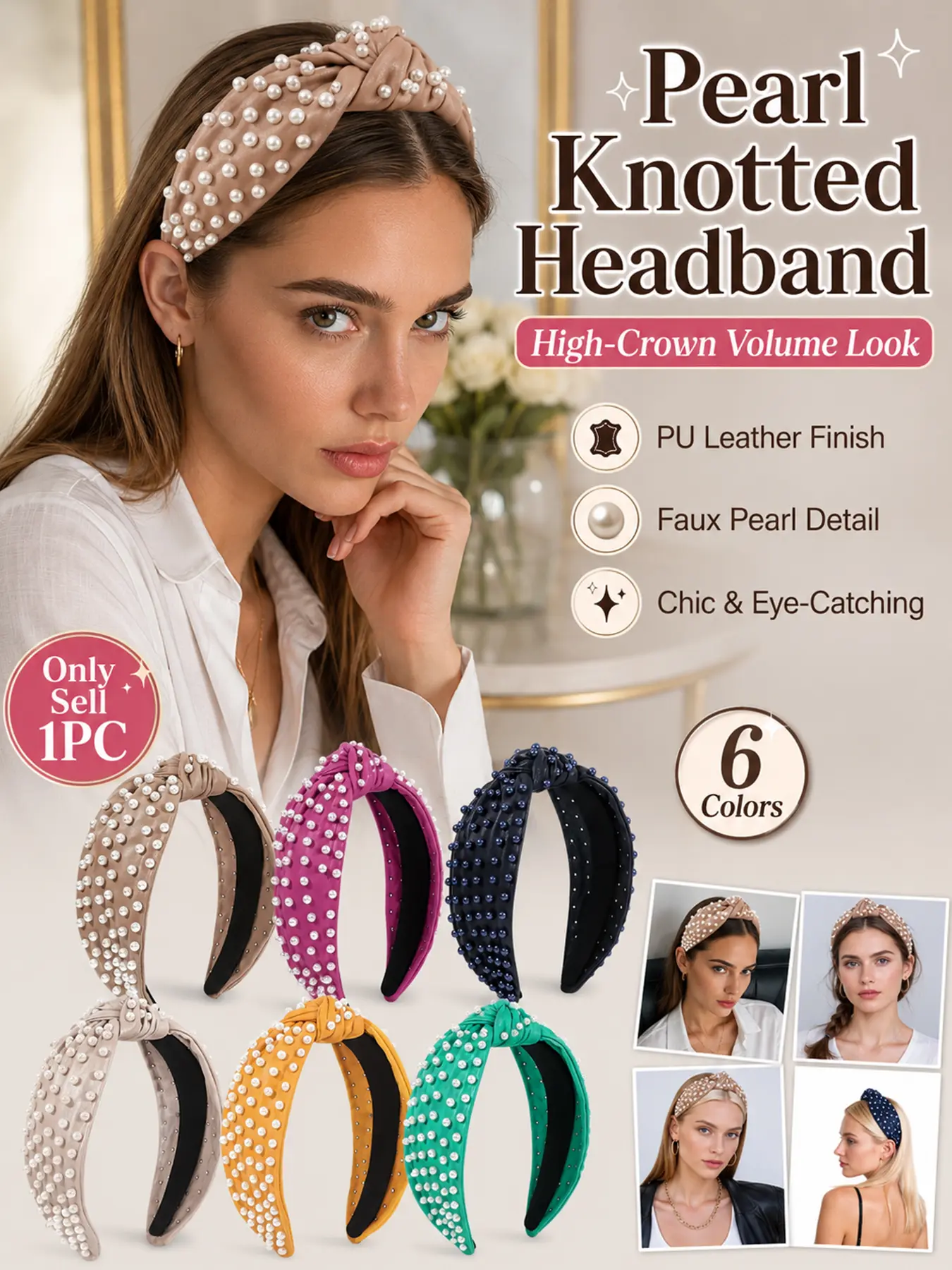 Pearl Knotted Headband for Women Fashion Non Slip PU Leather Beaded Wide Headbands Jeweled Embellished Hairband Elegant Luxury Hair Accessories for Women Girls Sweet Chic Style Hair Hoop for Daily Wear Party Wedding Makeup Wash Face Travel