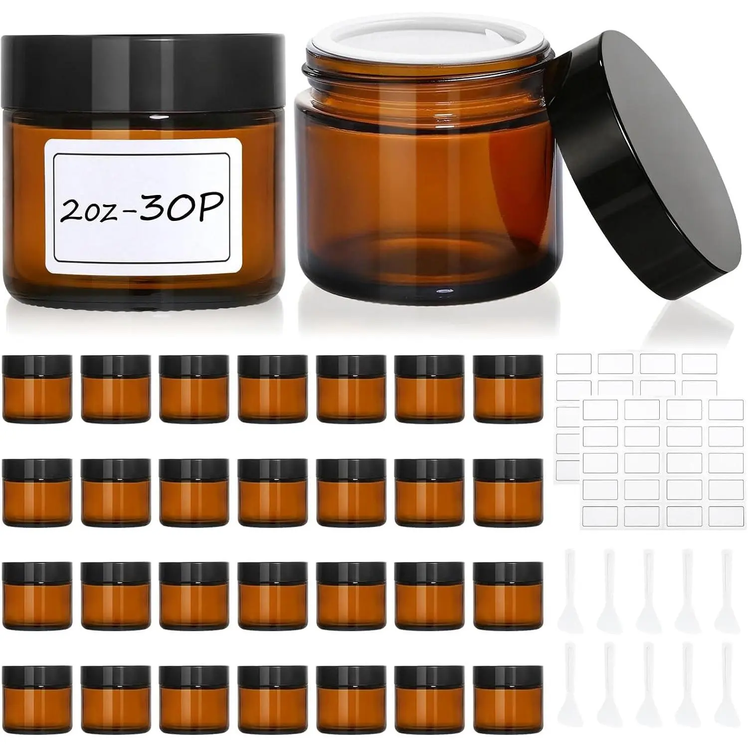 30 Pcs 2 oz Amber Glass Jars with Lids, 60 Labels & 10 Spatulas - Leakproof UV-Protective Round Glass Containers for Essential Oils, Spices, Candle Making, DIYGift