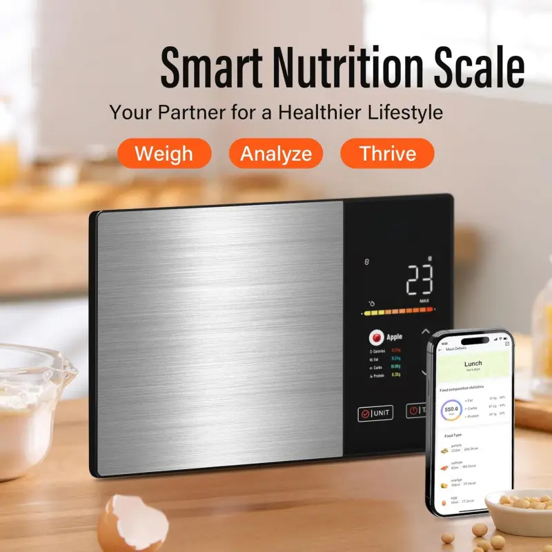 Smart Digital Kitchen Food Measuring Scale with Nutrition Calculator, HD TFT Color Display, Bluetooth APP for 999+ Foods, Calorie & 24 Nutrients Tracking, 5000g Capacity, Batteries Not Included