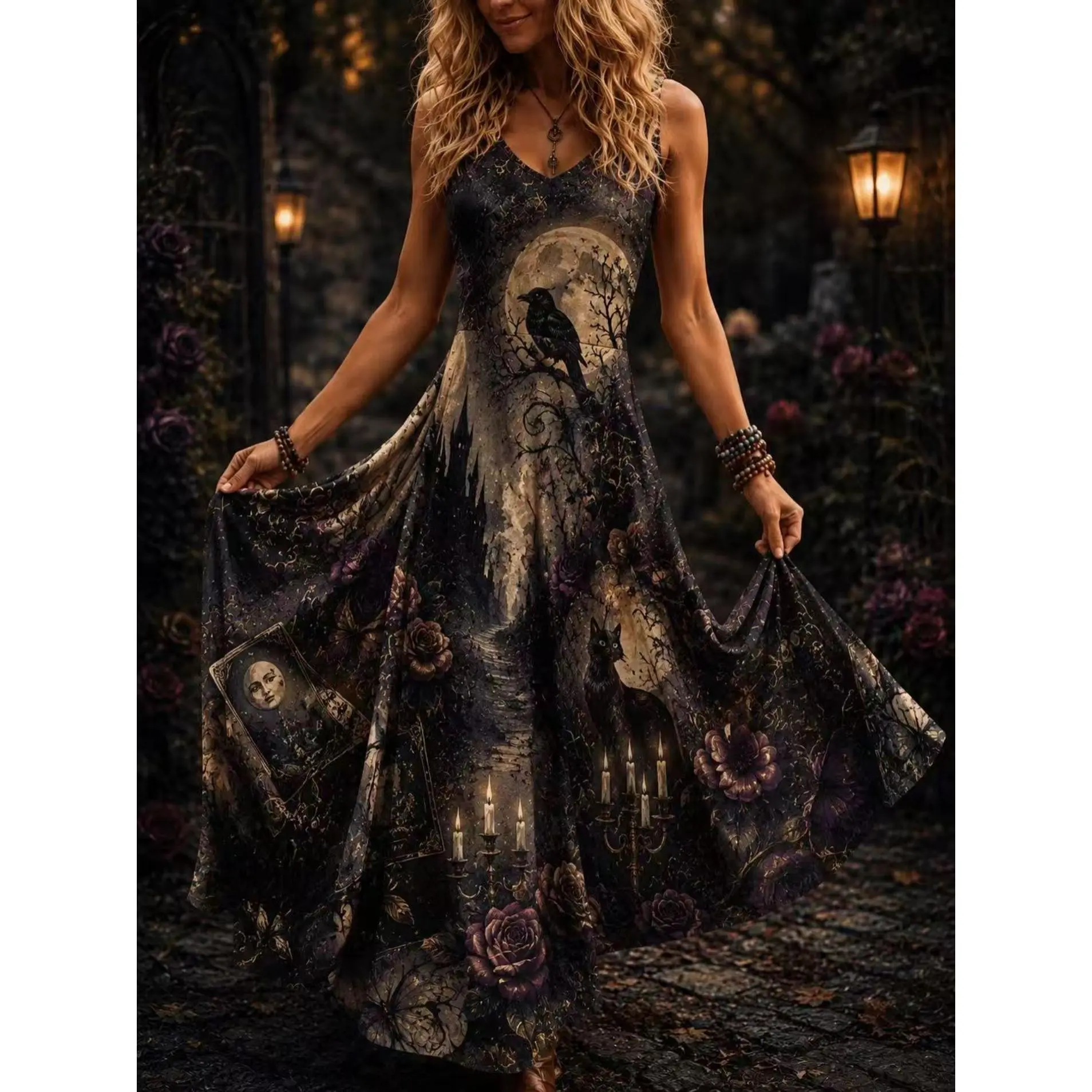 Women's Gothic Long Dresses, Witchy Halloween Print V-Neck A-Line Swing Polyester Clothes with Spaghetti Straps for Parties, Goth Clothes