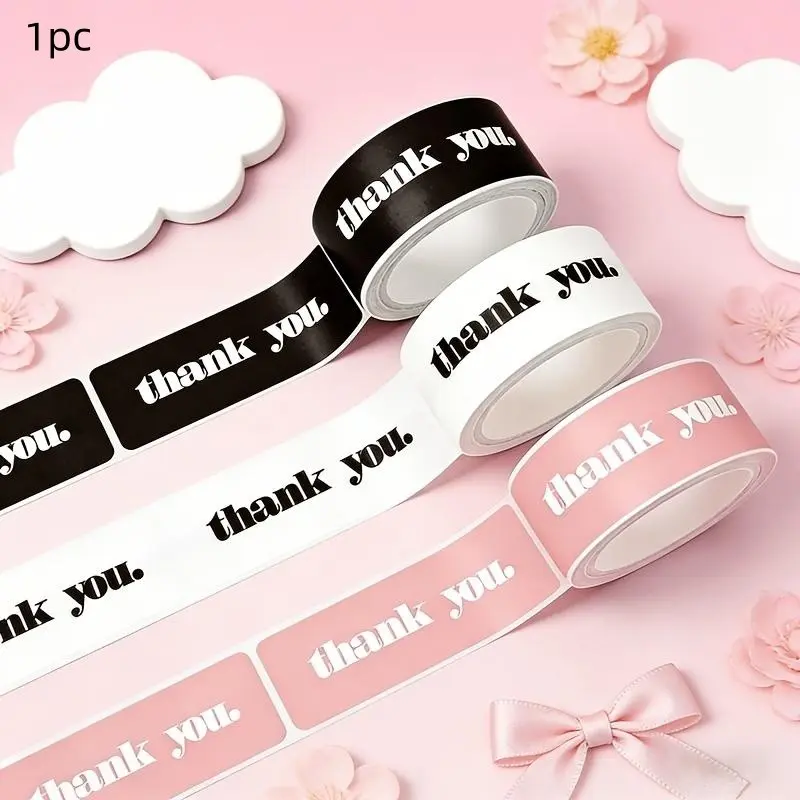 120 sheets/roll of pink, black, white thank-you stickers | rectangular sealing stickers, used for gift packaging, office supplies, decorative labels, gift boxes, and baking boxes, glossy paper, disposable, office supplies