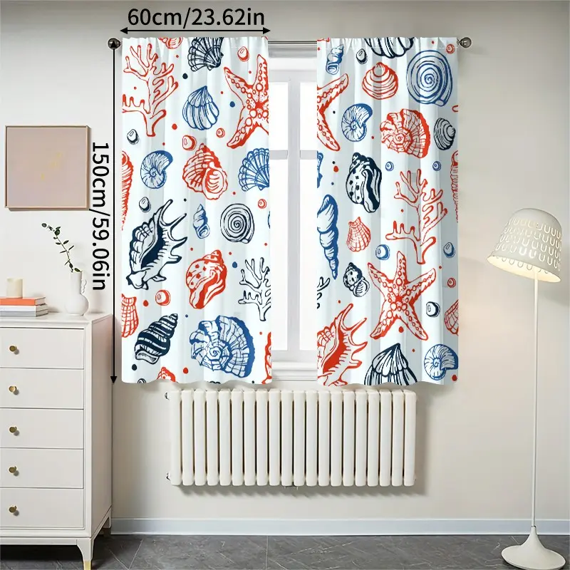 2-Pack Starfish Seashell Print Semi-Transparent Curtains, Polyester Rod Pocket Decorative Curtains for Living Room Bedroom Party Decor
