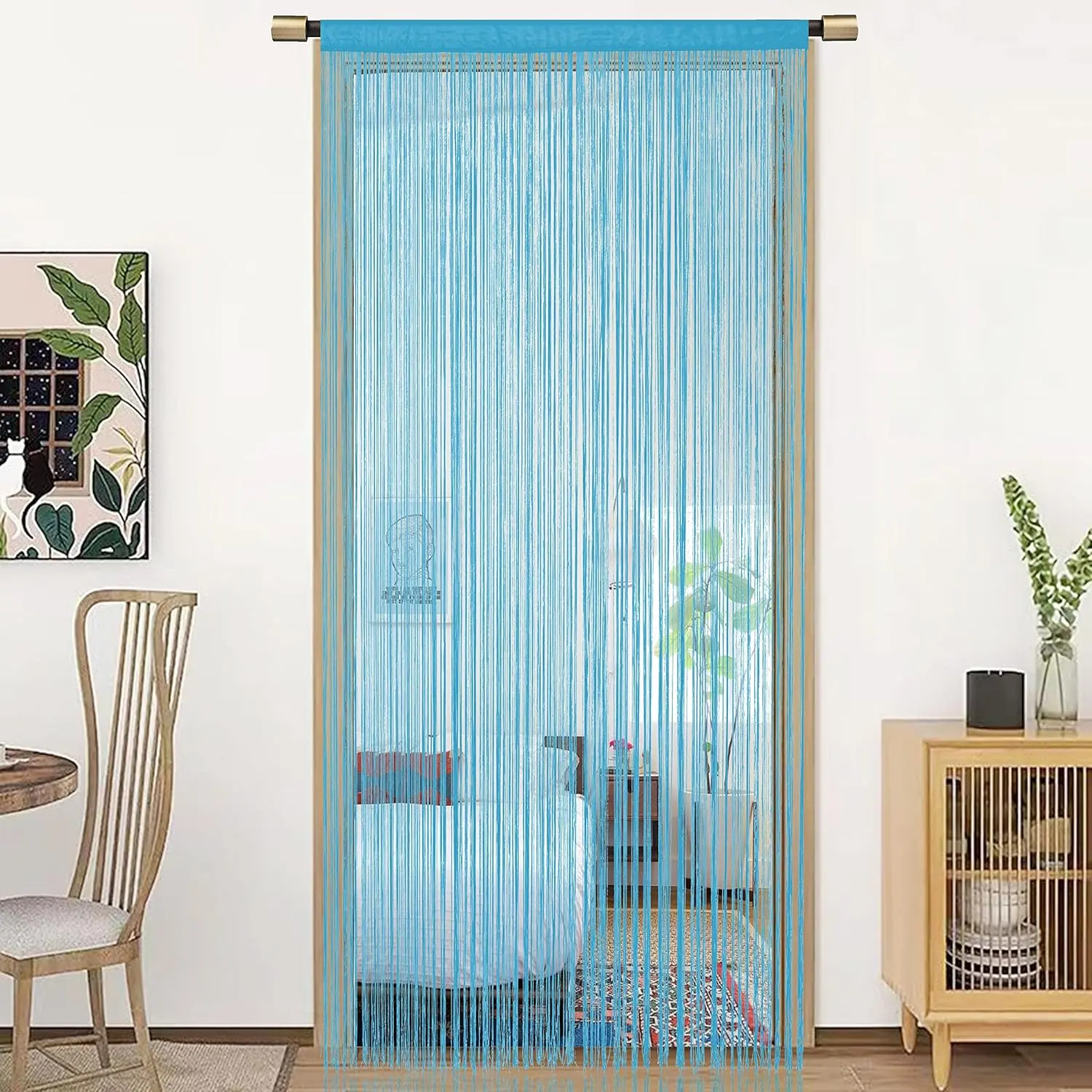 Spaghetti String Curtains for Doorways  Door Frame Tassel Hippy Wall Kitchen Hallway Boho Fringe Curtain  Door Room Dividers Decor 1 Panel(39×79in/100×200cm,Teal Blue)