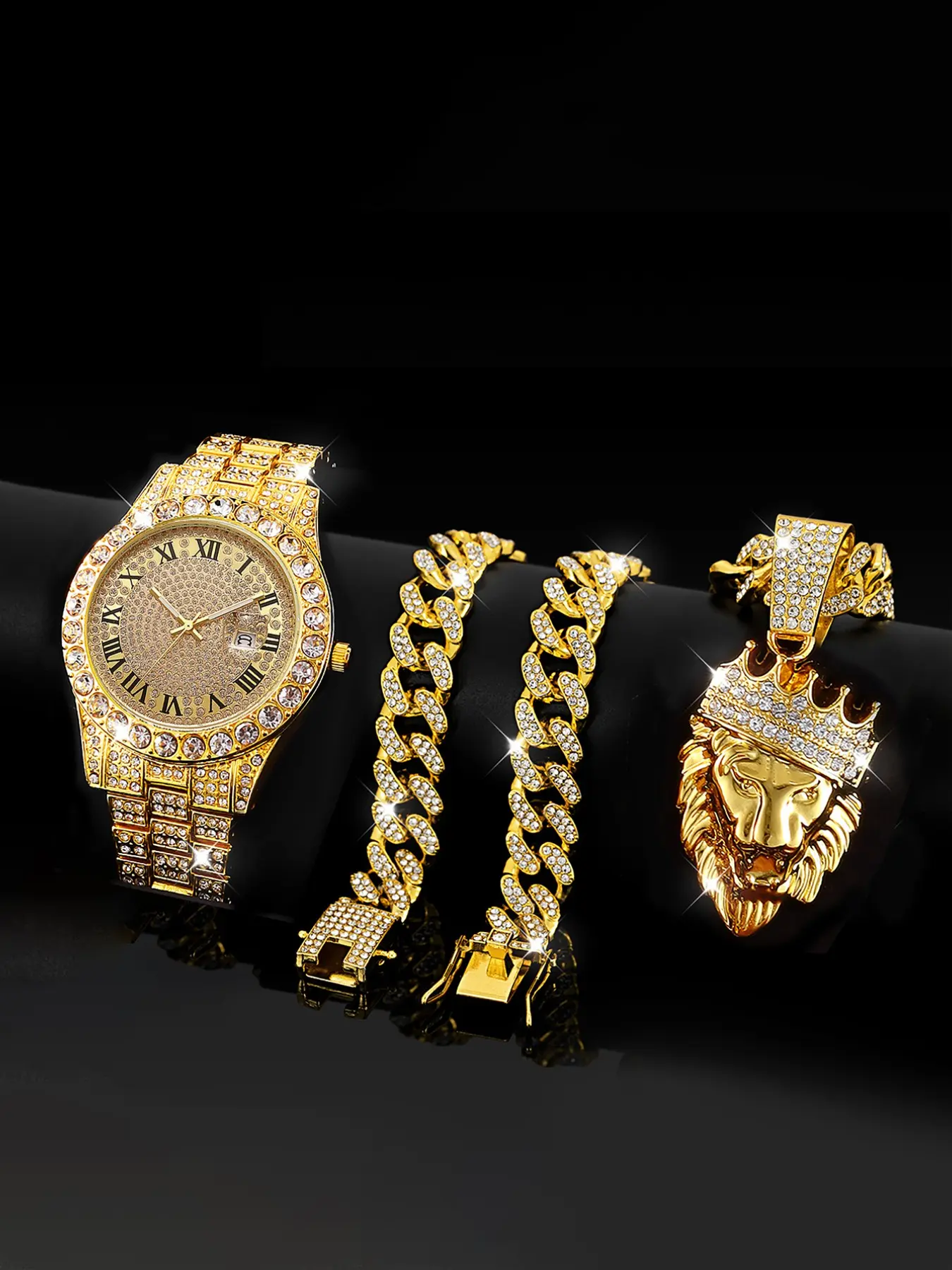 2 Piece Set Hip Hop Rhinestone Men's Watch, Stainless Steel Case, Lion Head Necklace, Perfect Gift for Father/brother, Back-To-School Season