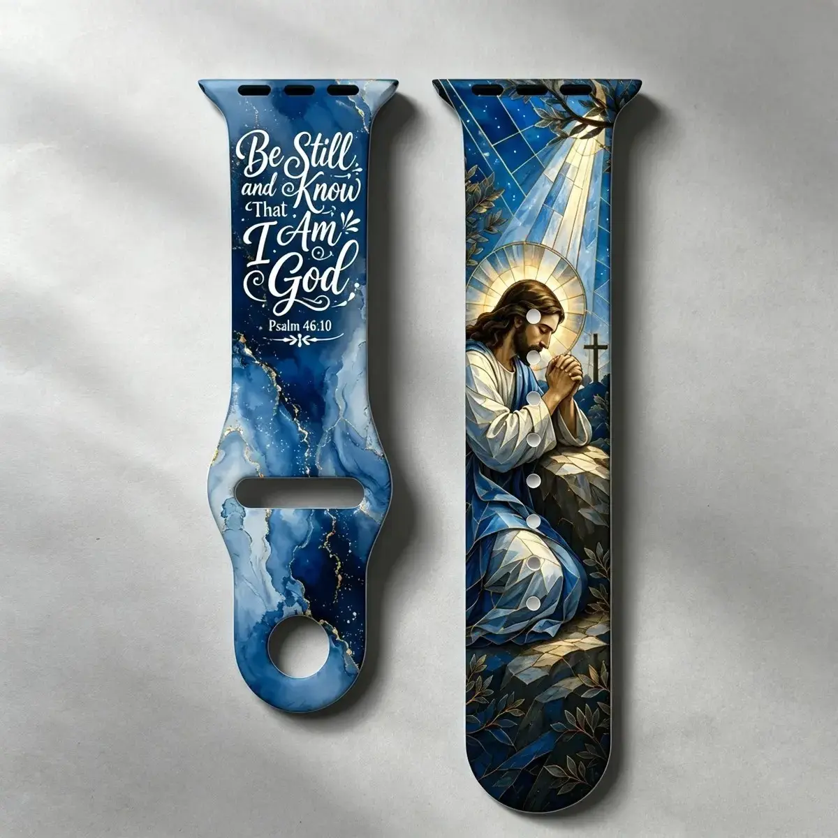 Christian Faith Double Side Printed Jesus Bible Verse Sport Silicone Watch Band Compatible With iWatch Stained Glass Praying Jesus & Psalm 46 Text Blue Gold Marble Pattern Religious Watch Gift Strap