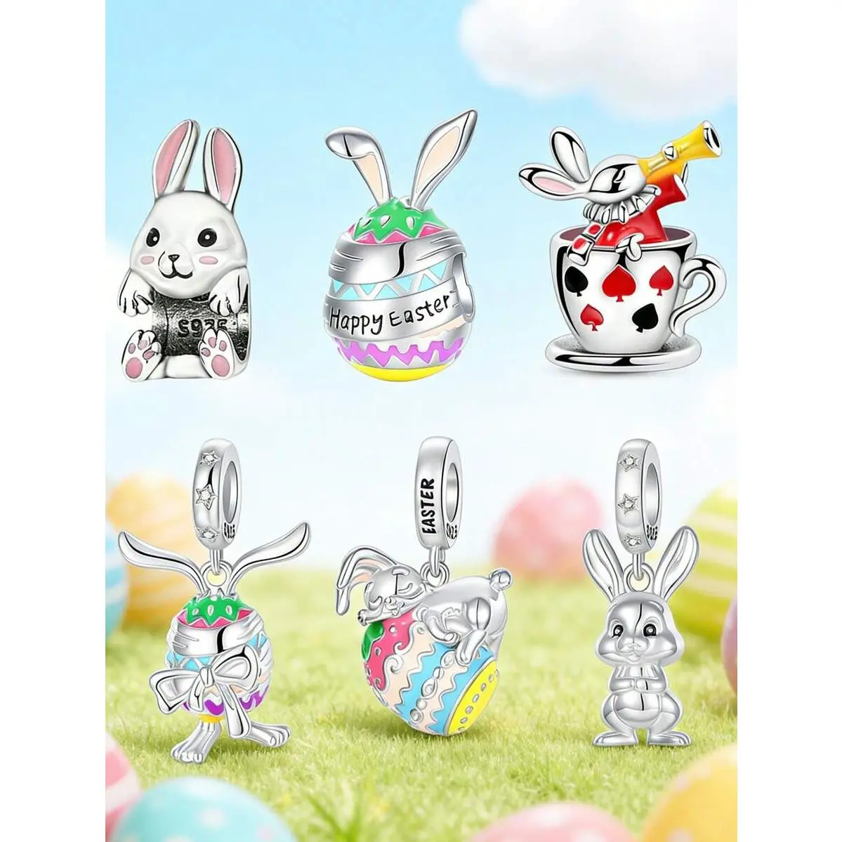 Silver Plated Easter Rabbit Charms For Bracelets Cute Bunny Egg Silver Pendant DIY Jewelry Making Necklace Gift
