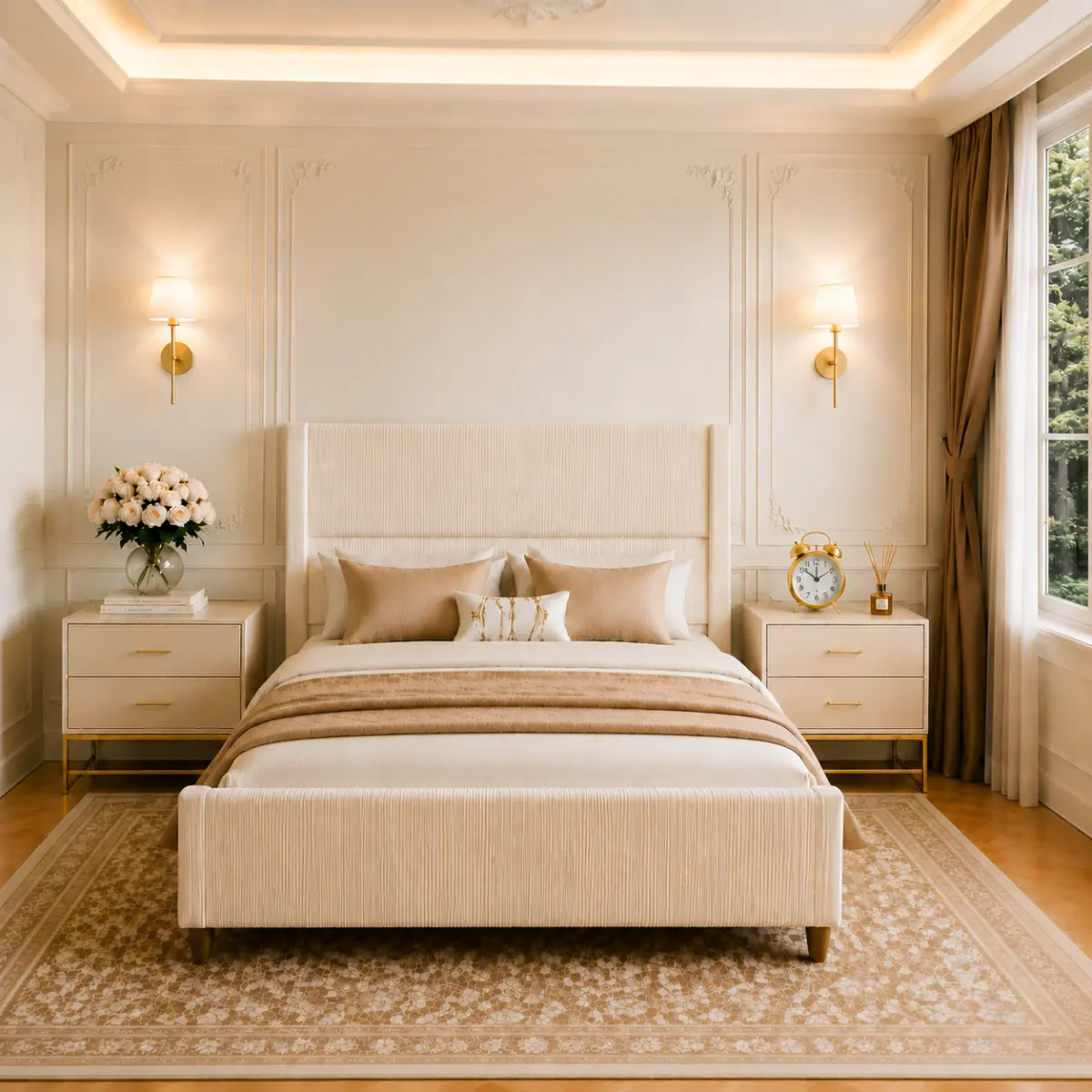 Beige Corduroy Full Size Bed Frame with Stripes, Padded Vertical Wingback Headboard, Metal Frame, Engineered Hardwood Slats, Walnut Tapered Legs, 800lb Capacity, Easy Setup, Modern Luxury, No Box Spring Needed for Bedroom