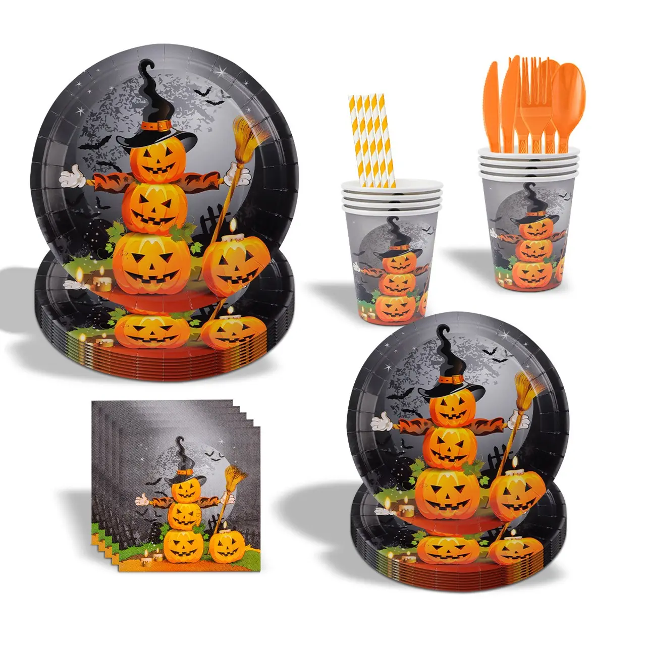 Halloween Party Tableware Set, Includes Paper Plates, Cups, Forks, Napkins, Spooky Pumpkin Theme, Perfect for Halloween Festive Events