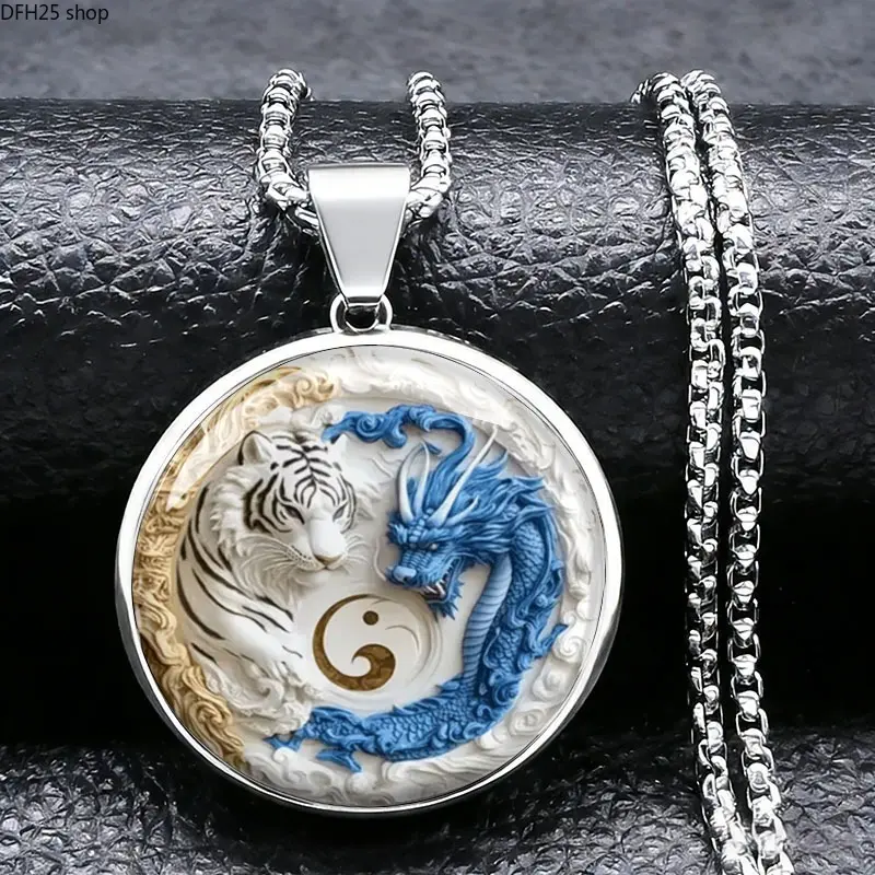 Tai Chi Azure Dragon White Tiger Stainless Steel Pendant With Chinese Style, Light Luxury Rust Resistant Necklace For Men Trendy Daily Wear