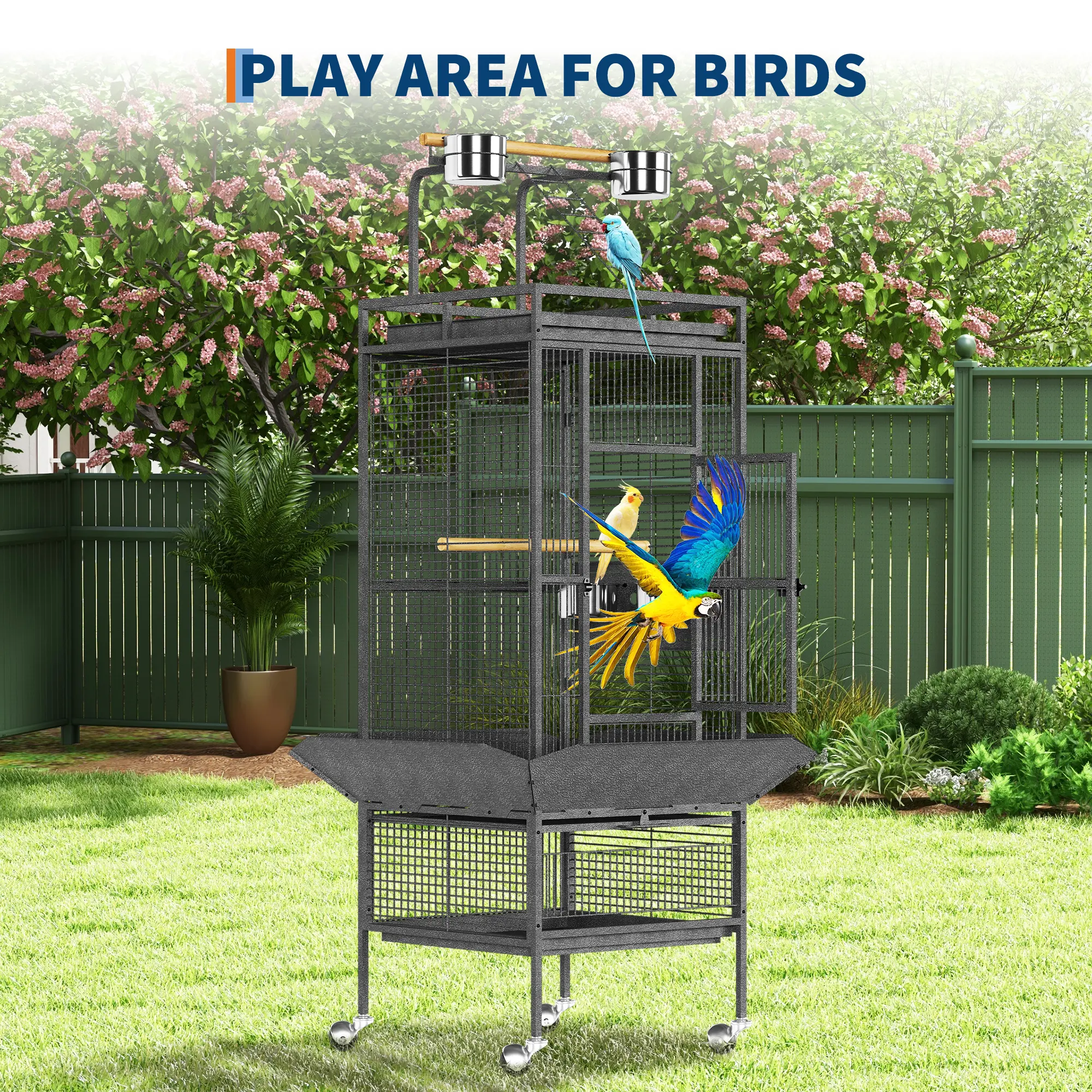61" Rolling Bird Cage with Playtop & Stand | Large Metal Parrot Aviary, Removable Tray, Feed Bowls – for Parakeets to Cockatoos