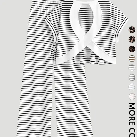 【Black Friday】Women's Striped Two-Piece Set, Cutout Crop Top & High Waist Wide-Leg Pants Set, Soft Loungewear, Casual Matching Outfit for Daily Wear