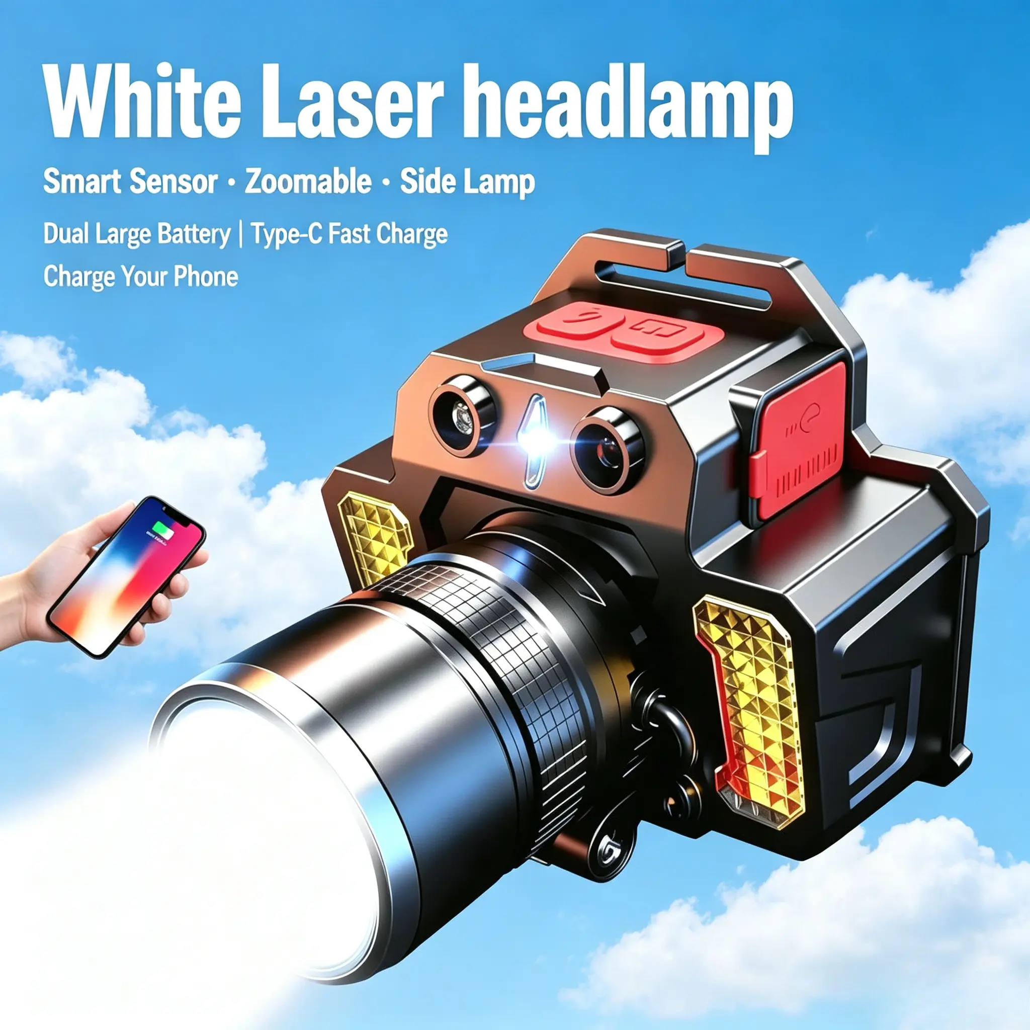 Unisex Rechargeable LED Headlamp with RGB Filter Set, Zoom Lens, Motion Sensor, Side Light, USB-C Charging Power Bank, 180-Degree Adjustable One-Size-Fits-All Headband, Built-in Batteries for Hiking, Camping, Outdoor Sports
