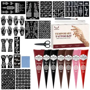 DIY hand & body henna tattoo gift set with multi-hue natural henna cones and 200+ recyclable hollow stencils. Works for nail decoration and full body temporary tattoos, nice gift for women for weddings, festivals and party painting.