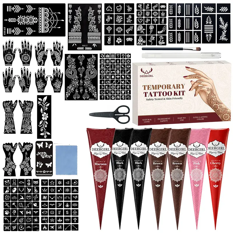 All-in-One Mehndi Henna Tattoo Gift Set Multi-Color Henna Paste Cones + Hand Arm Stencil Templates, Waterproof Long Lasting Temporary Body Tattoo Kit for Beach Party Bridal Shower Cosplay