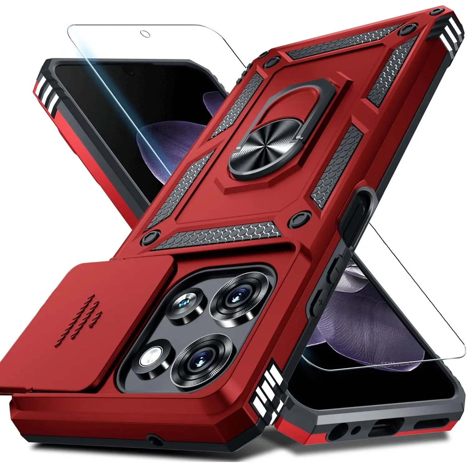 Customized Heavy Duty Protection Phone Case for Moto G 2025/2026 & Moto G Play 2026 - Built-in Slide Camera Lens Cover, Screen Protector, Freestanding Finger Ring Holder Kickstand, Full Body Shockproof, Casual Fashion Red, 360 Rotation, Accessories, Scree