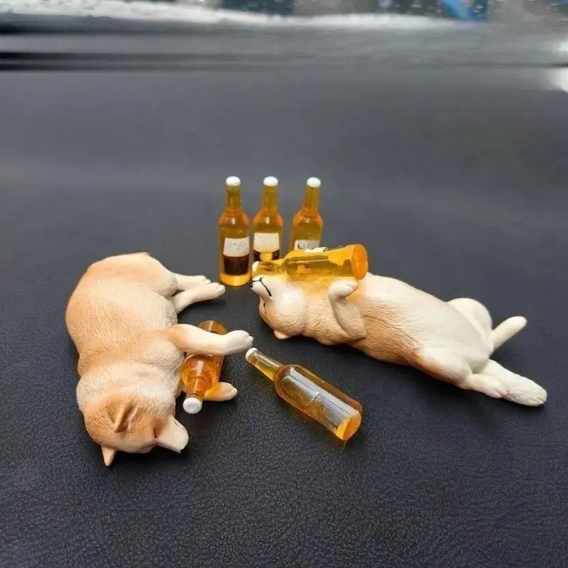 Funky Whimsical Peppy 2pc Cute Drunk Puppy Mini Figurines - Shiba Inu, French Bulldog Ornaments with Traceless Adhesive for Car Desktop, Garden, Auto Interior Fashion Accessory, Garden Decor, 3D Solid, Car Accessories, Decorative Ornament, Solid Pvc, Deco