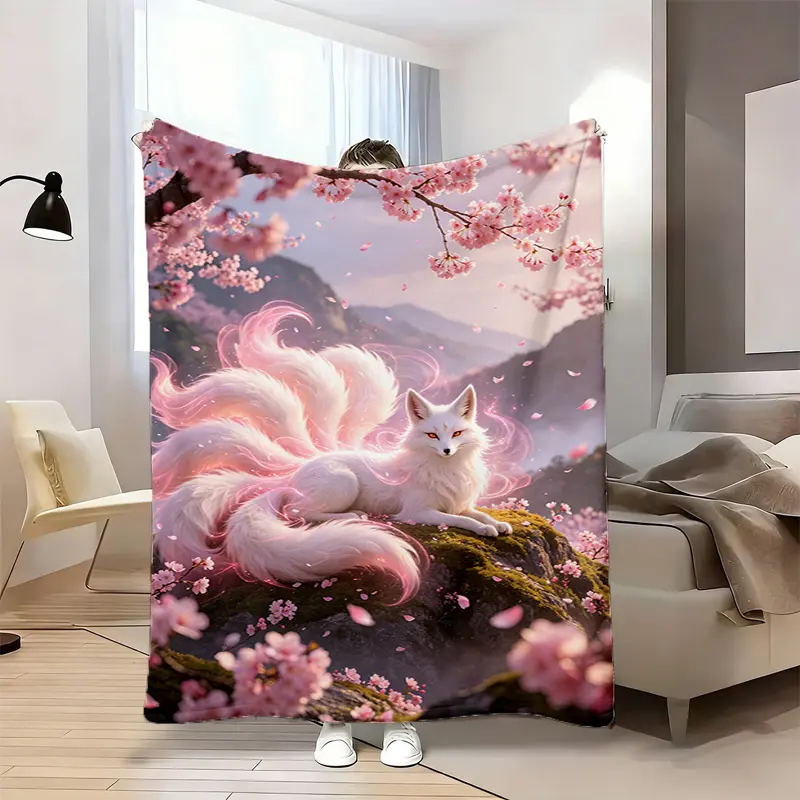 1PC Soft Plush Flannel Blanket, 9-Tailed Fox Cherry Blossom Graphic Print, All-Season Couch Bed Cover, Machine-Washable Decorative Throw for Japanese Aesthetic Fantasy Lovers, Home Decor Textile