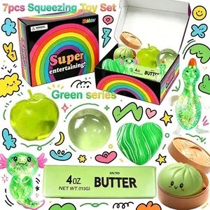 7-piece green series squeeze toy set, soft and stress relieving toys, Kawaii children's and adult squeeze toys, party gift anxiety relief toys