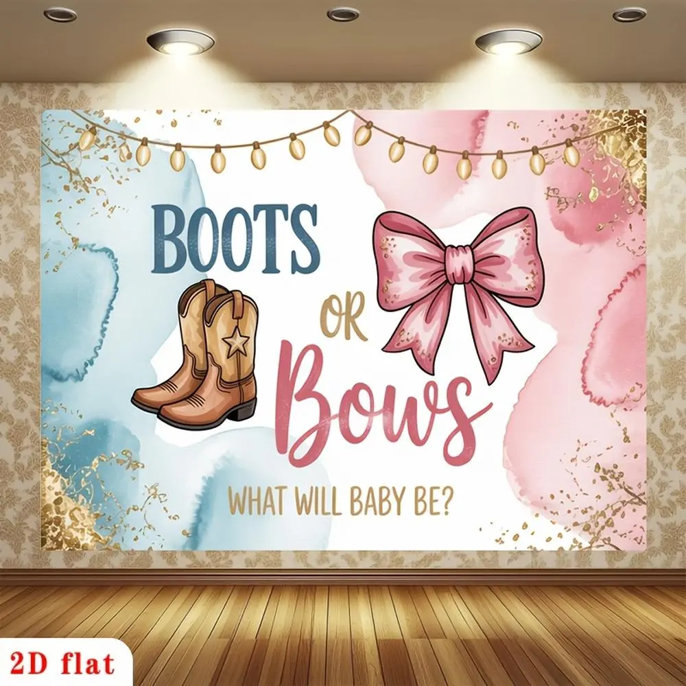2D Flat, 2D Flat - 2D Flat, 2D Flat - [ for Party Banner] 2D Flat Banner, 1pc Blue Pink Watercolor Boots Or Bows Golden String Lights Cowboy Boots Polyester Backdrop, for Party Decor Garden, Farm, Room, Club, H