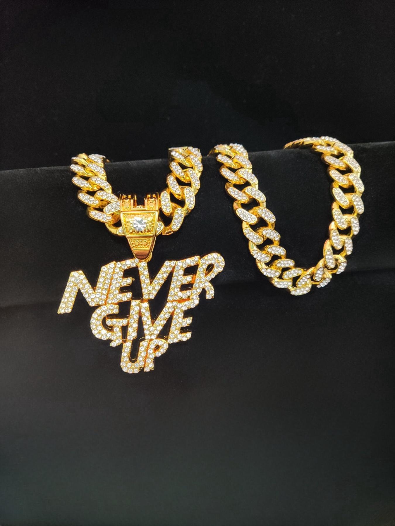 Fashion Rhinestone Decor Letter Cuban Chain Pendant Necklace for Men & Women for Summer, Hip Hop Cubic Zinc Alloy Chunky Chain Jewelry for Daily Wear Or Party, Anniversary Birthday Accessory Gift, Cuban Link Necklace