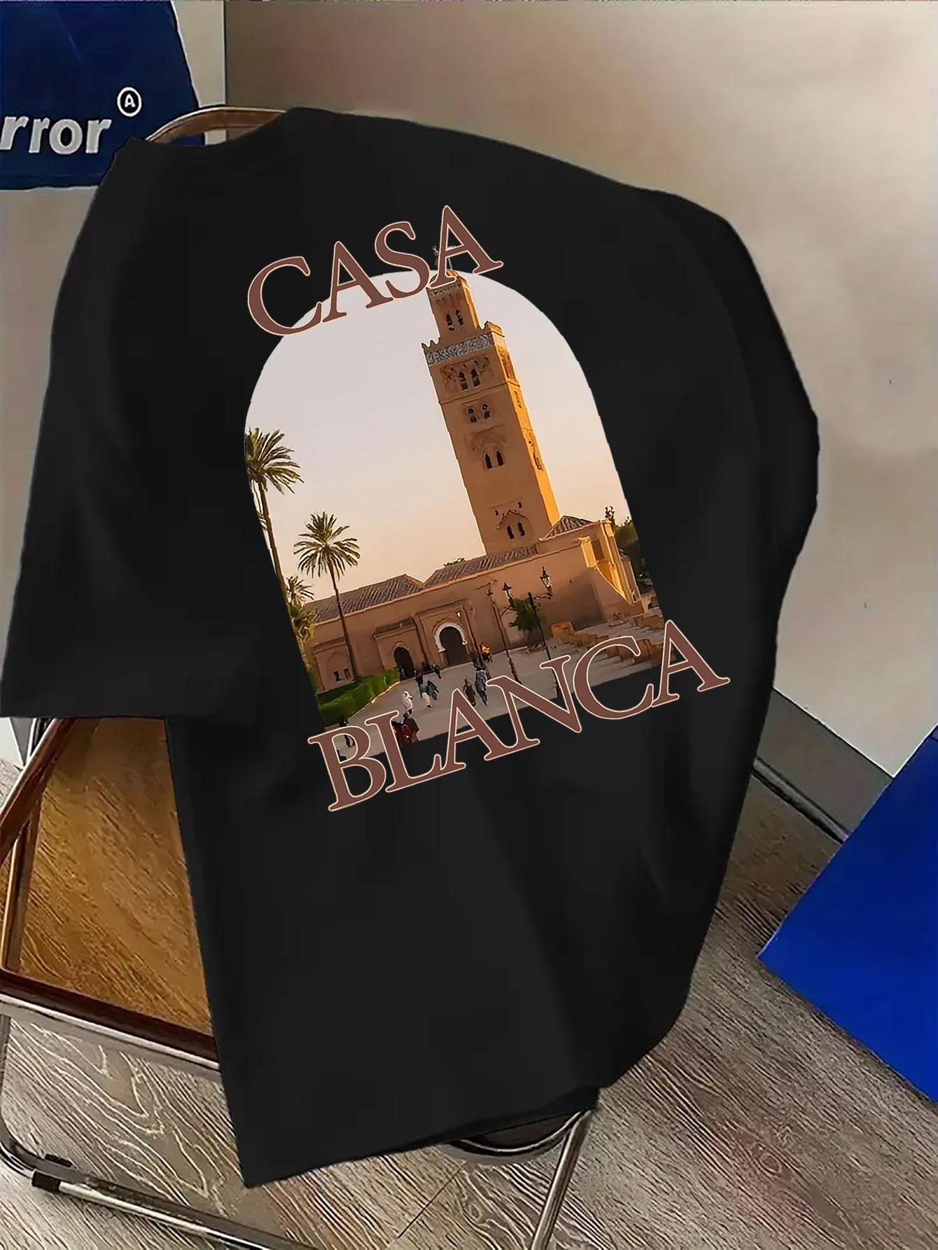 Men's Fashion Casablanca Print T-Shirt - Simple Casual Round Neck Short Sleeve Tee, Machine Washable Summer Clothing, Suitable for Summer and Year-Round Wear, Ideal for Daily Casual, Home, and Outdoor Use