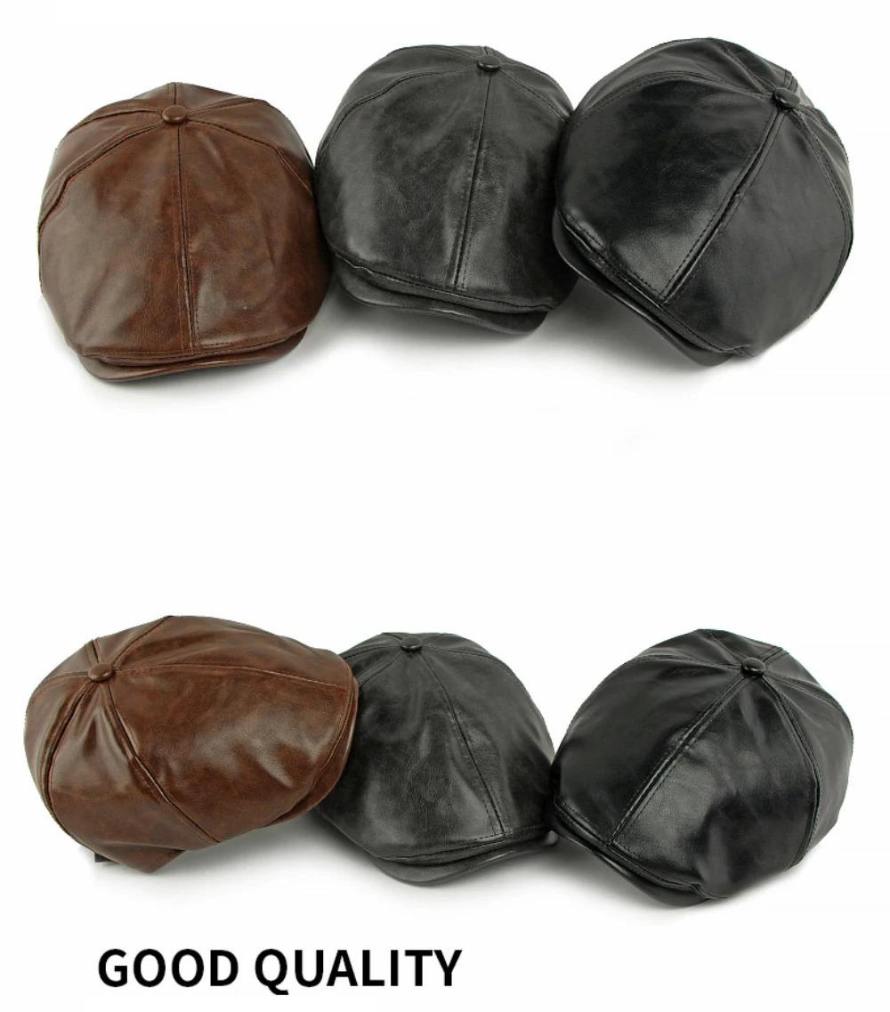HT4937 Mens Beret Women Autumn Winter PU Leather Hat Retro Artist Painter Beret Hat Male Female Ivy Flat Cap Octagonal Beret Cap