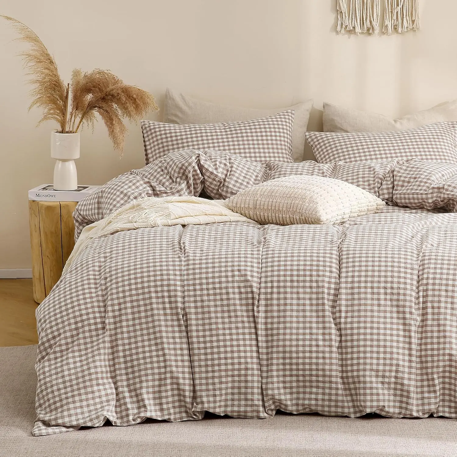 Tan Gingham Duvet Cover Bedding Set 100% Washed Cotton Like Feel Soft Comfy 3 Piece Brown Vintage Checkered Fall Comforter Cover Set (King 104"x90", Comforter Not Included)