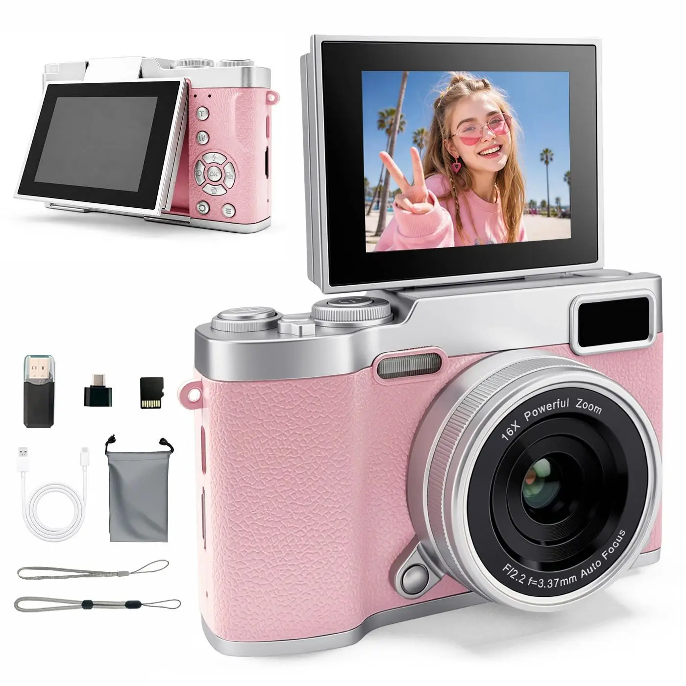 Flip Screen Retro Camera for Girls, Cute Pocket Digital Camera with Filters, Vintage Student Camera, Entry-Level Camera with Memory Card, Perfect Gift for Christmas, Back to School