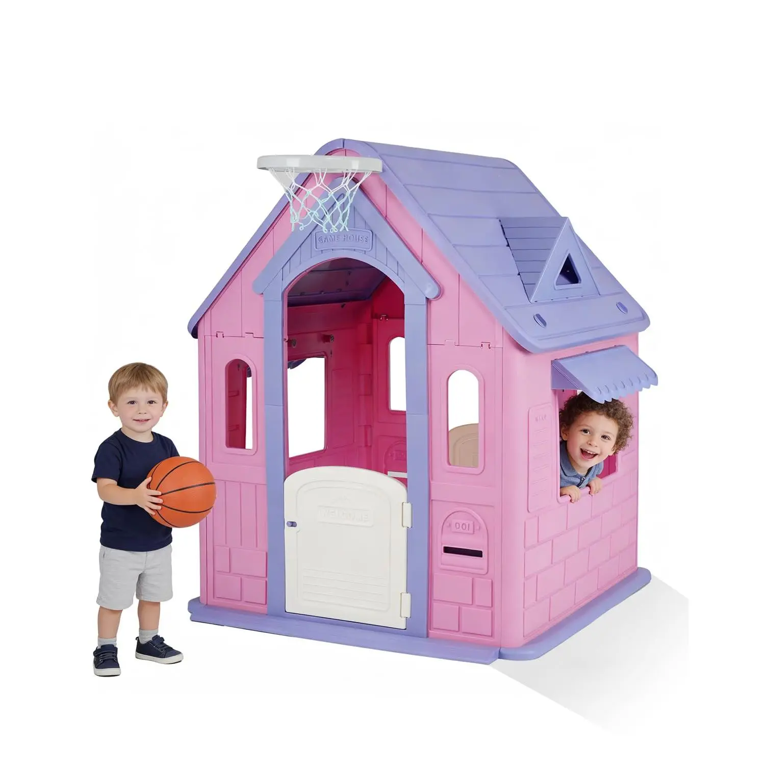 4-in-1 Playhouse Cottage for Kids – Indoor/Outdoor Activity House with Basketball Hoop, Magnetic Dartboard, Soccer Goal, Ring Toss – Durable Plastic, Easy Assembly, Ages 2-8 – Imaginative Role Play – Standard Version