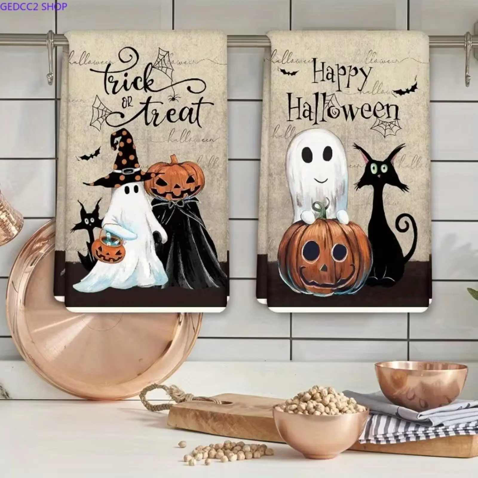 Halloween Spooky Print Microfiber Cloth Towels Set - 2-Piece Cute Cat Kitchen/Bath Hand Towel Fit Fall Home Decor for Kitchen and Bathroom