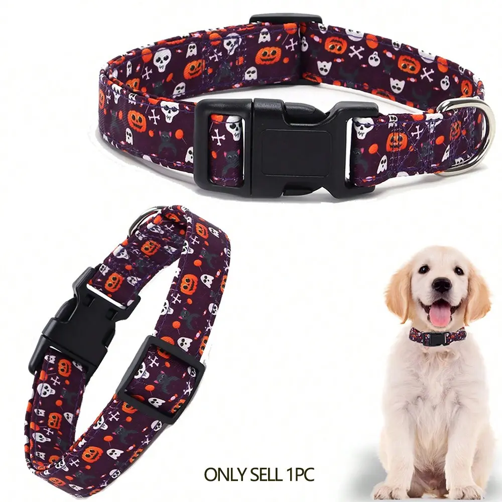 M/L Size 1 Pack Halloween Dog Collar, Funny Pumpkin Skull Ghost Pattern Puppy Collar, Lightweight Comfortable Adjustable Pet Collar With Quick Release Buckle, Non Choking, Fits Small Medium Large Dogs For All Occasions And Holidays