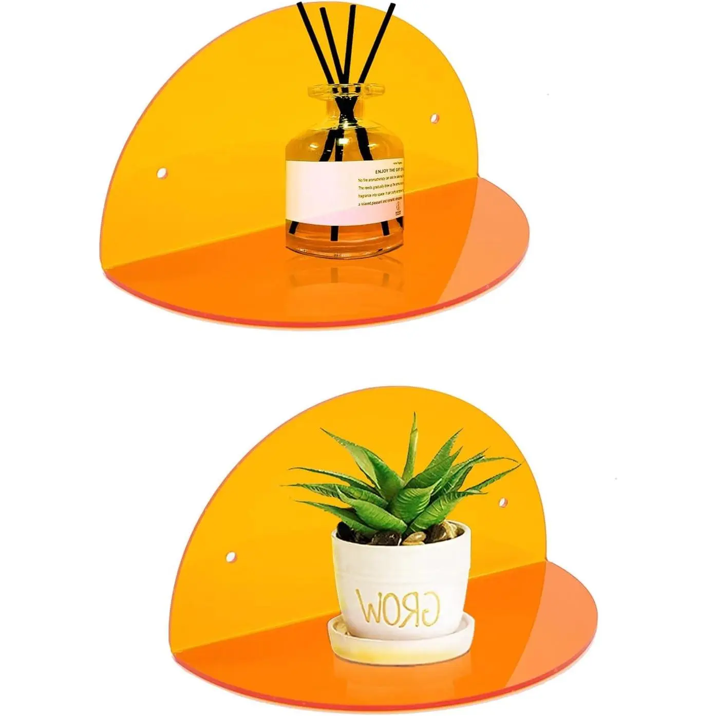 Orange 2-Pack 8 in Neon Modern Acrylic Floating Shelves - Wall-Mounted Shelf Decor for Home/Office Plants, Toys - Indoor Furniture Display Stand, Wall Mount