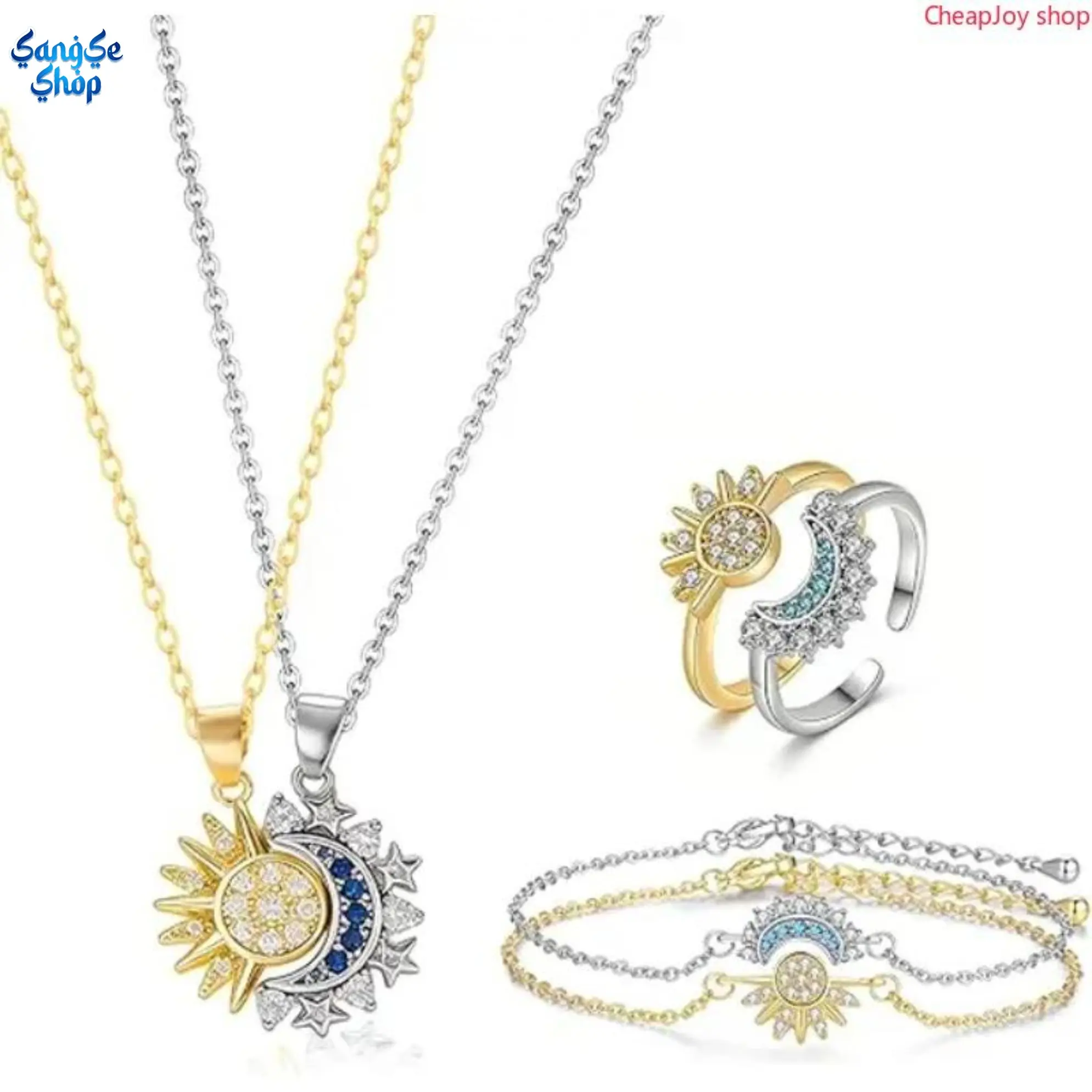 Matching Sun & Moon Jewelry Set for Couples | 3pcs Fashionable Accessory Set with Magnetic Necklace & Bracelet, Adjustable Gold Ring, Trendy Jewelry Set